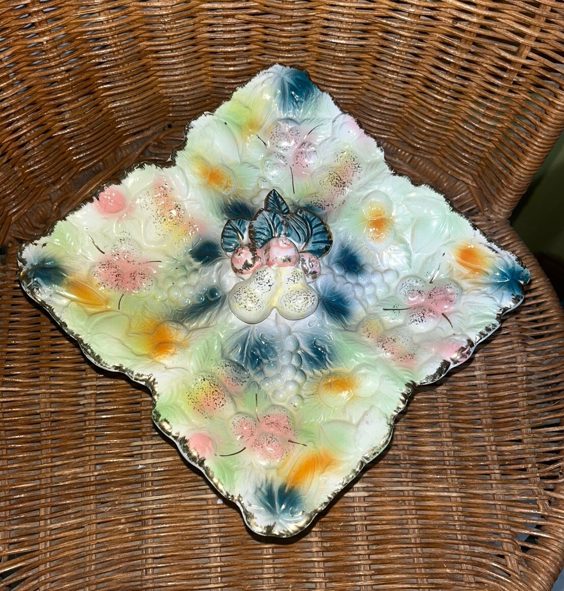 Vintage Betson Japan Pedestal Fruit Design Four Section Candy Dish - Excellent!
