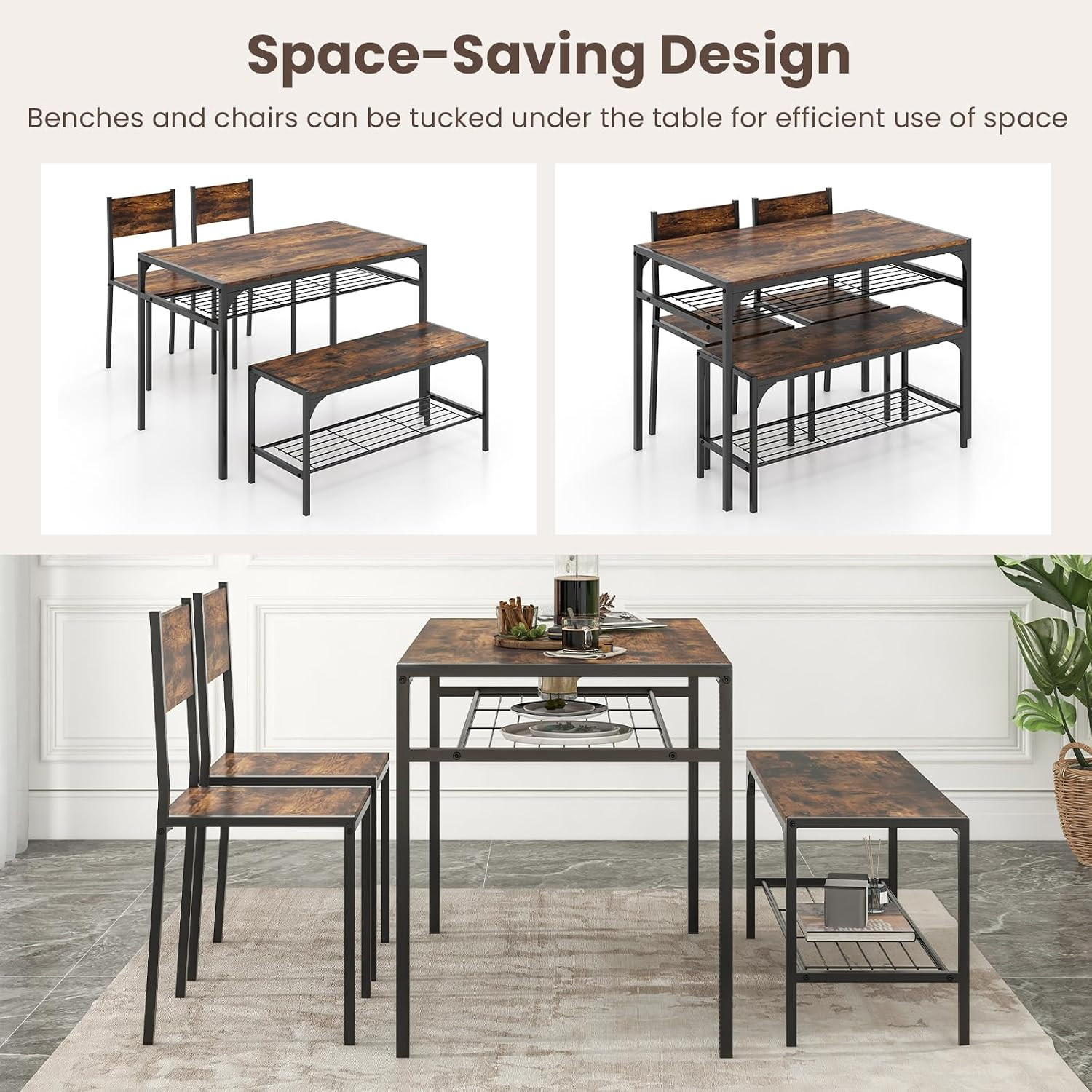 Dining Table Set for 4, Kitchen Table with Chairs & Bench, Storage Racks, Metal