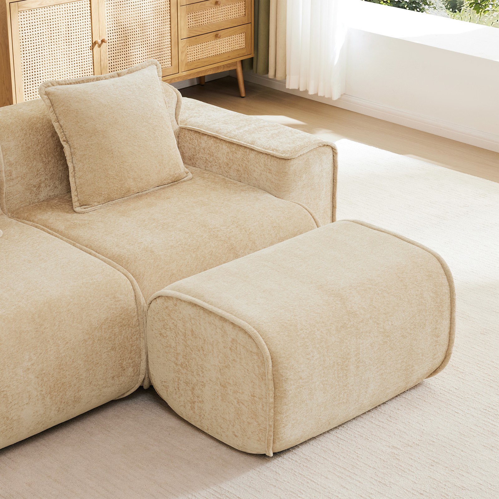 Light Camel Velvet Ottoman Foot Rest w/ Tufted Cushion, 30"L x 22"W x 17"H