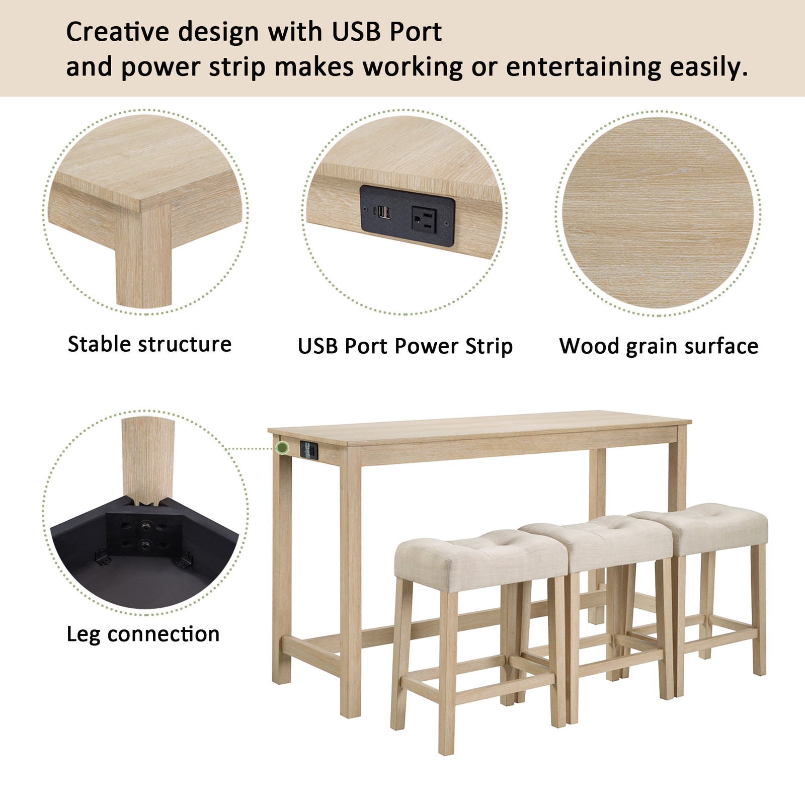4 Piece Bar Table Set with Power Outlet,Bar Table Set with Chairs,Sofa Bar Table