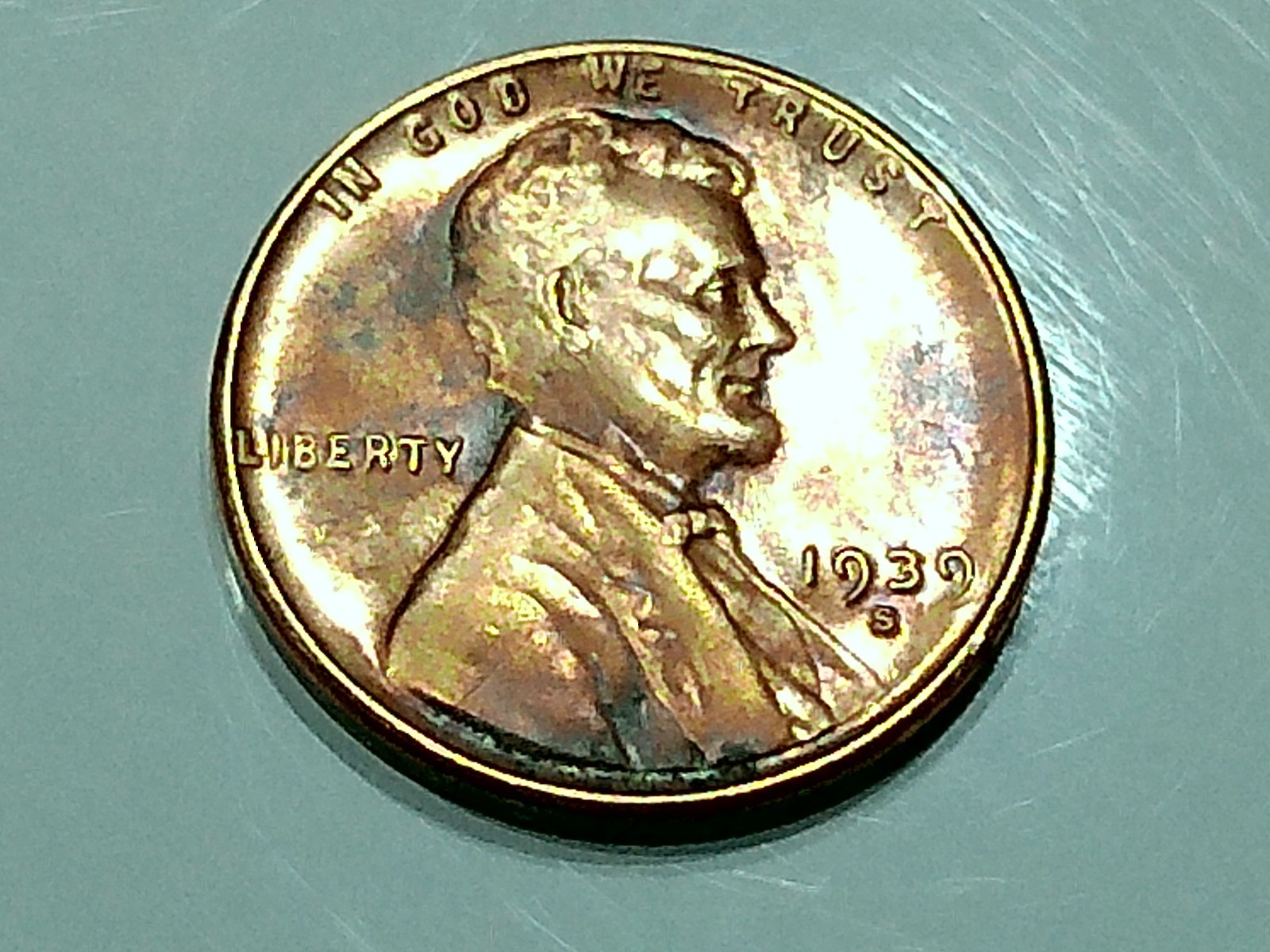 1939-S us copper penny - uncir. - rb - 3.0 - lite blue tone- hard stamp- shiny