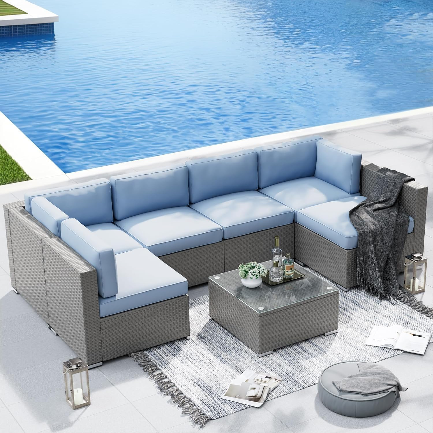 SUNCROWN Outdoor Patio Furniture Set 7 Piece Outdoor Sectional Sofa Grey Wicker
