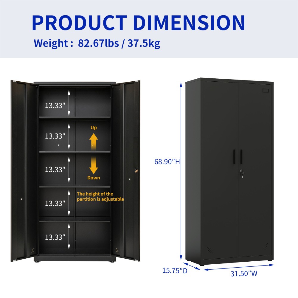 High Storage Cabinet W 2 Doors 4 Partitions Separate 5 Storage Spaces