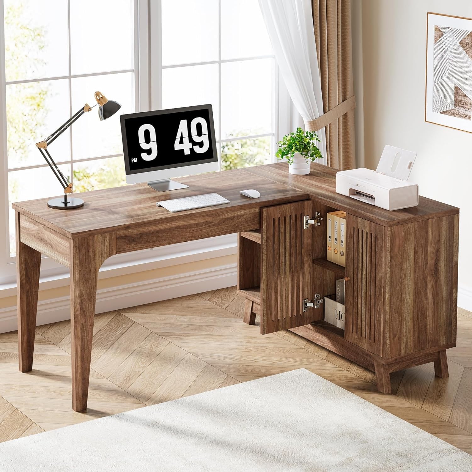 L-Shaped Desk with Storage Cabinet, 57-Inch Wood Home Office Computer Desk