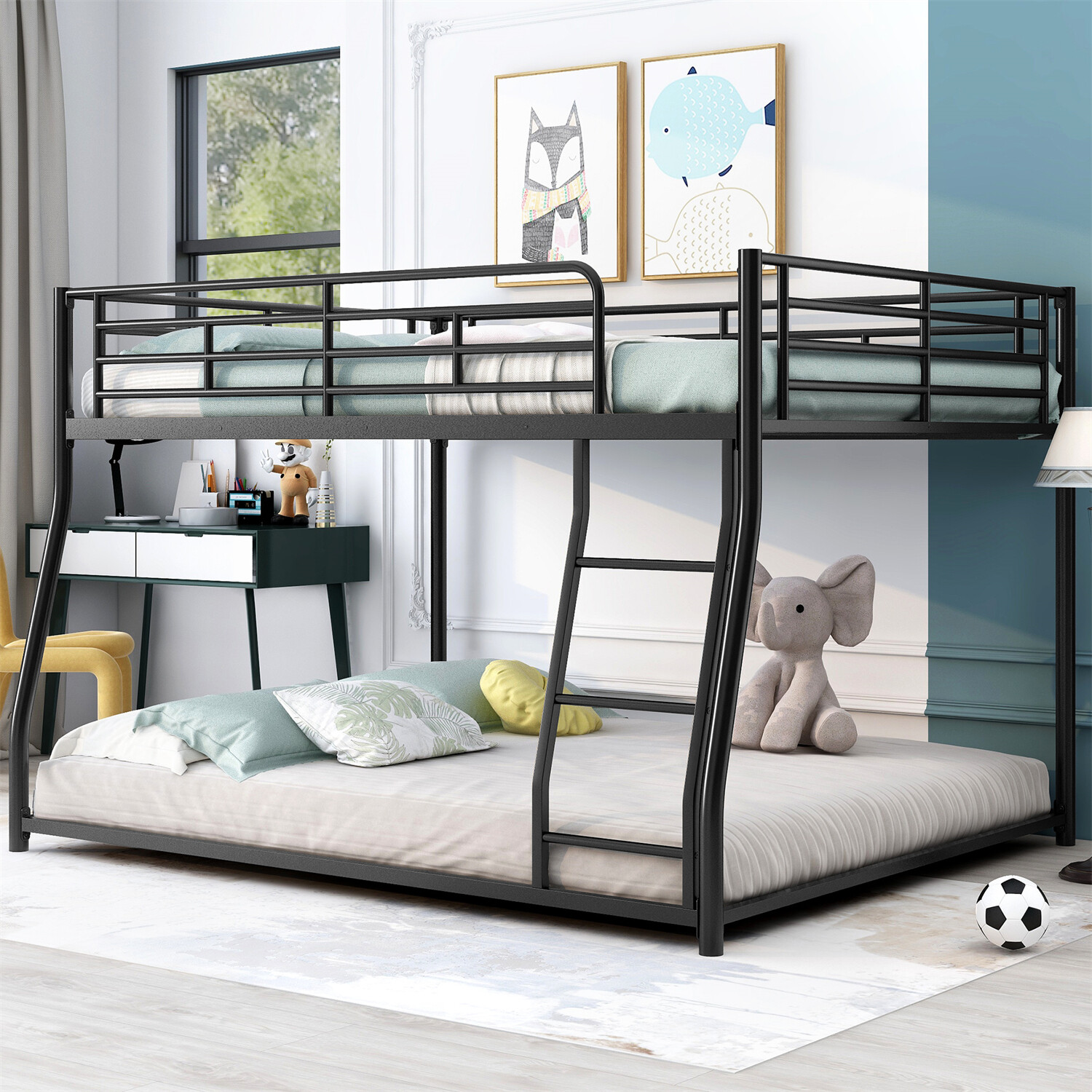 Full XL Over Queen Bunk Bed Heavy Duty Metal Floor Bunk Bed Frame with Ladder
