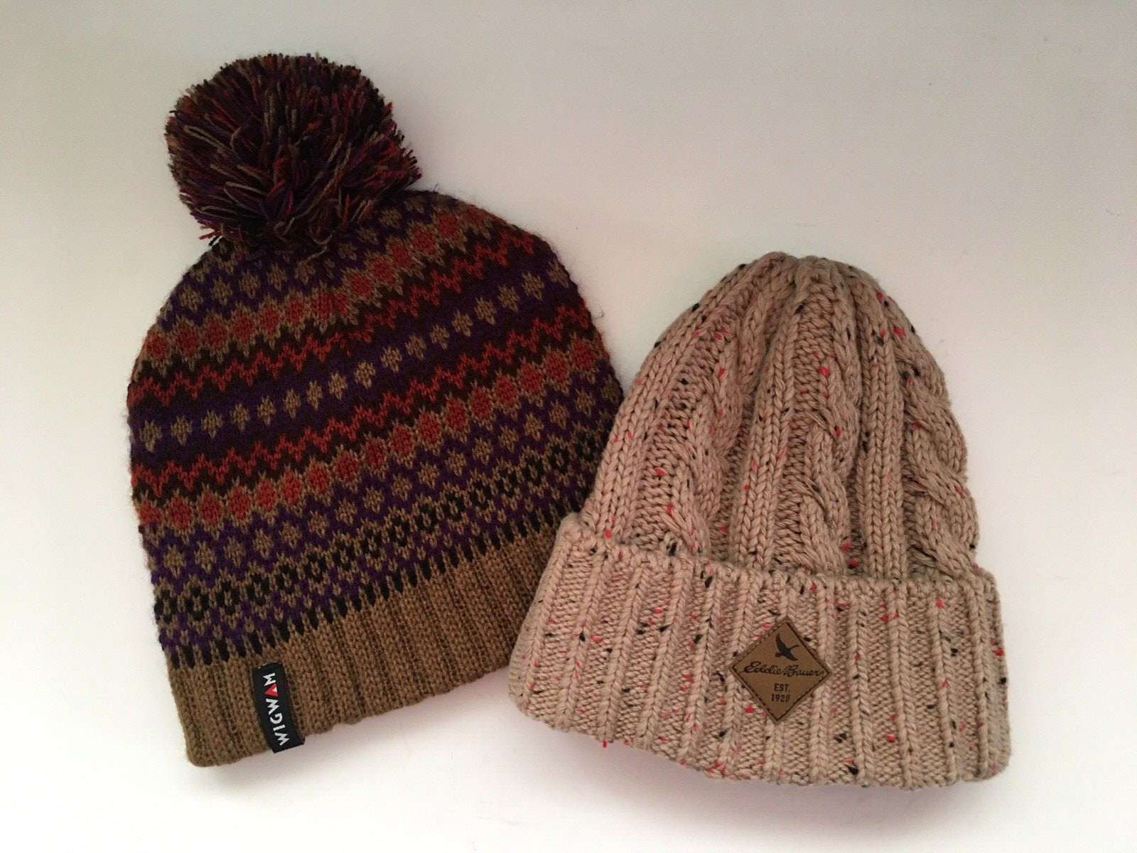 Unisex WInter hat lot of 2 Eddie Bauer cuffed beanie & Wigwam pom hat Earth tone