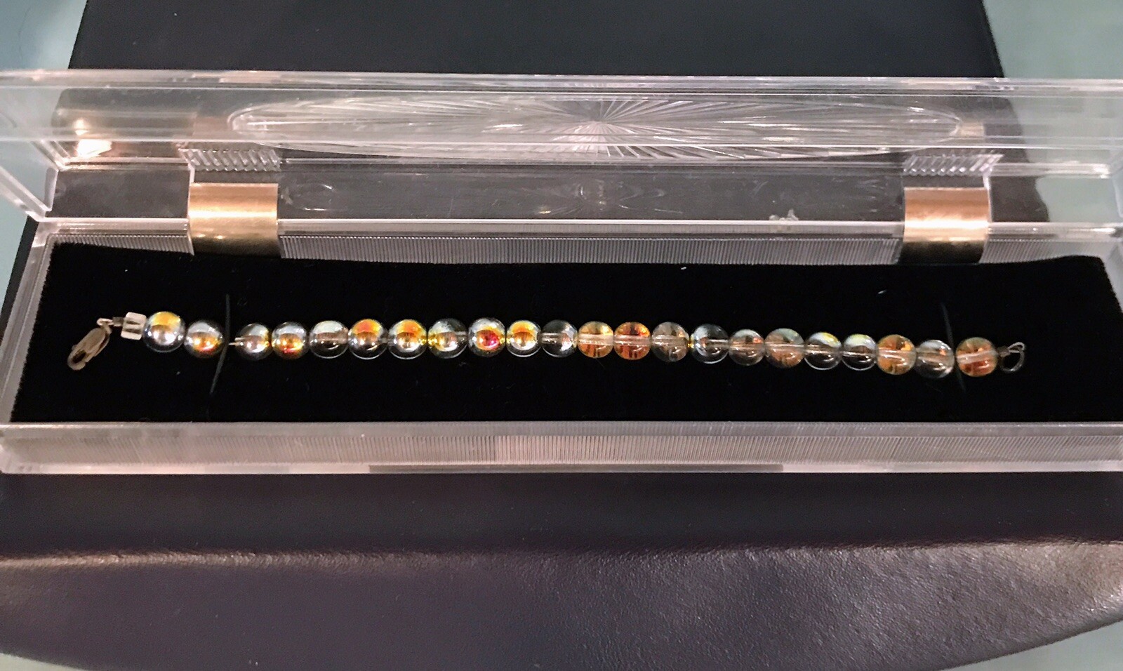 Artisan Crafted Opalescent Glass Beaded Bracelet w/ Silver Clasp in Gift Box NOS