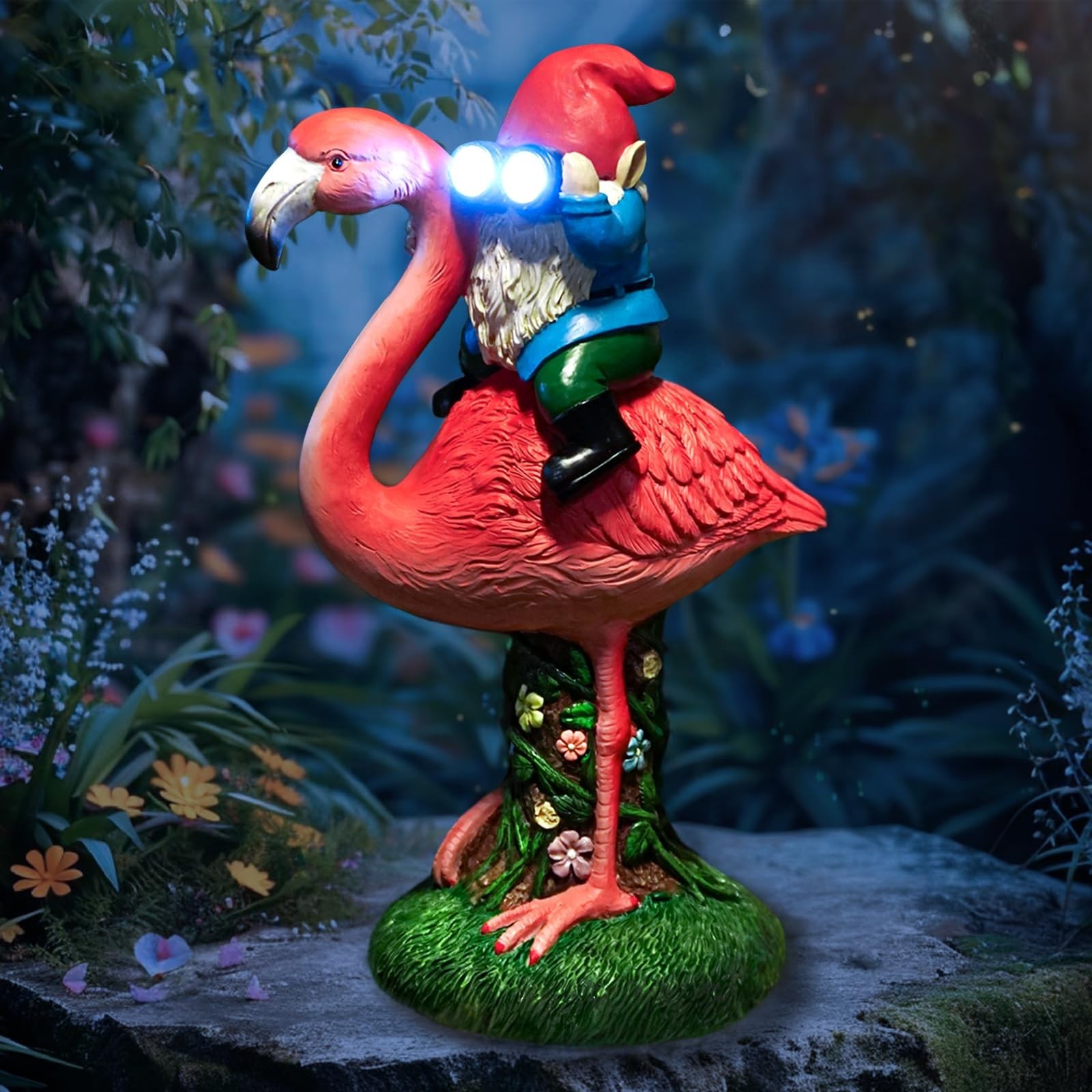 Solar Flamingo Gnome Garden Decor Statue, Outdoor Funny Solar Light Decoratio...