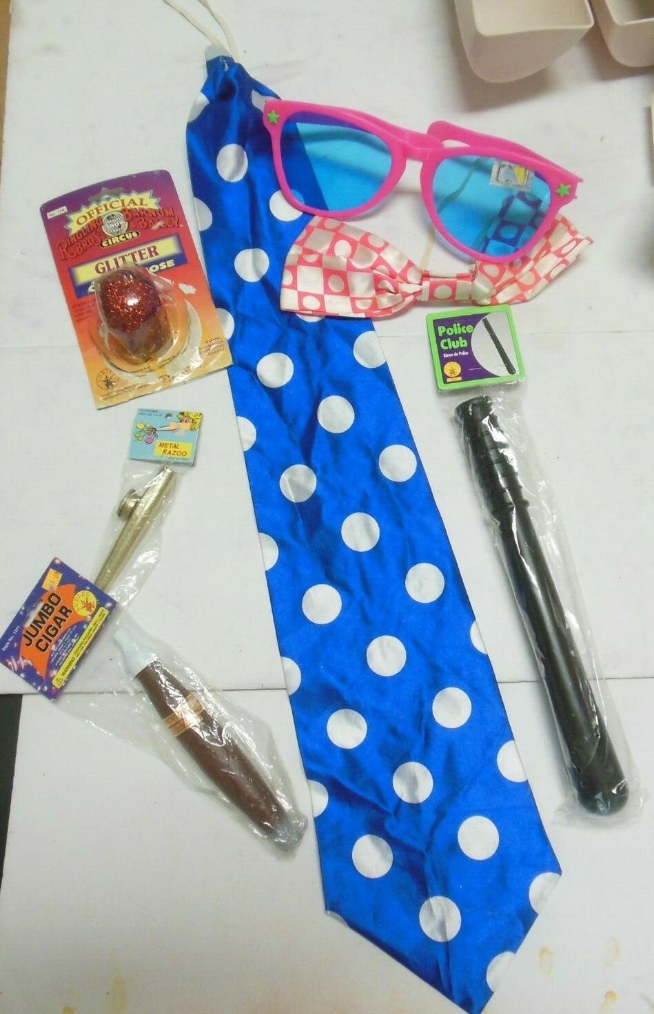 Lot of Clown Accessories Kazoo 2 ties Sunglasses Glitter clown nose etc