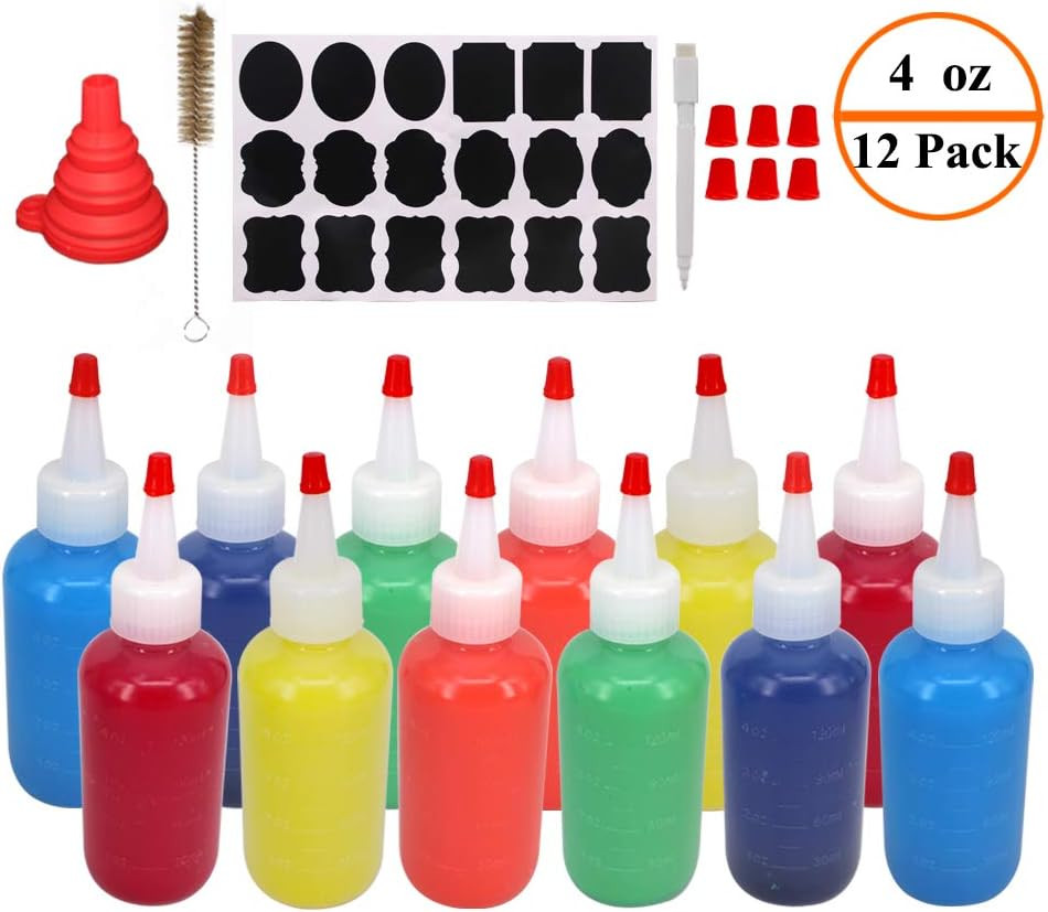 12 Pack 4-Ounce Empty Plastic Squeeze Bottles with Red Tip Caps Multipurpose Squ