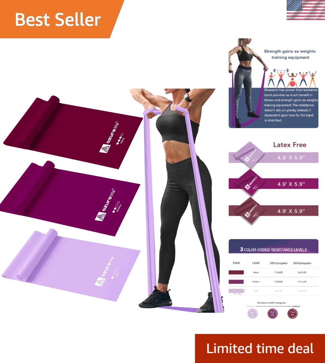 Non-Latex Resistance Bands Set - 5 ft Long, Color-Coded for All Workouts