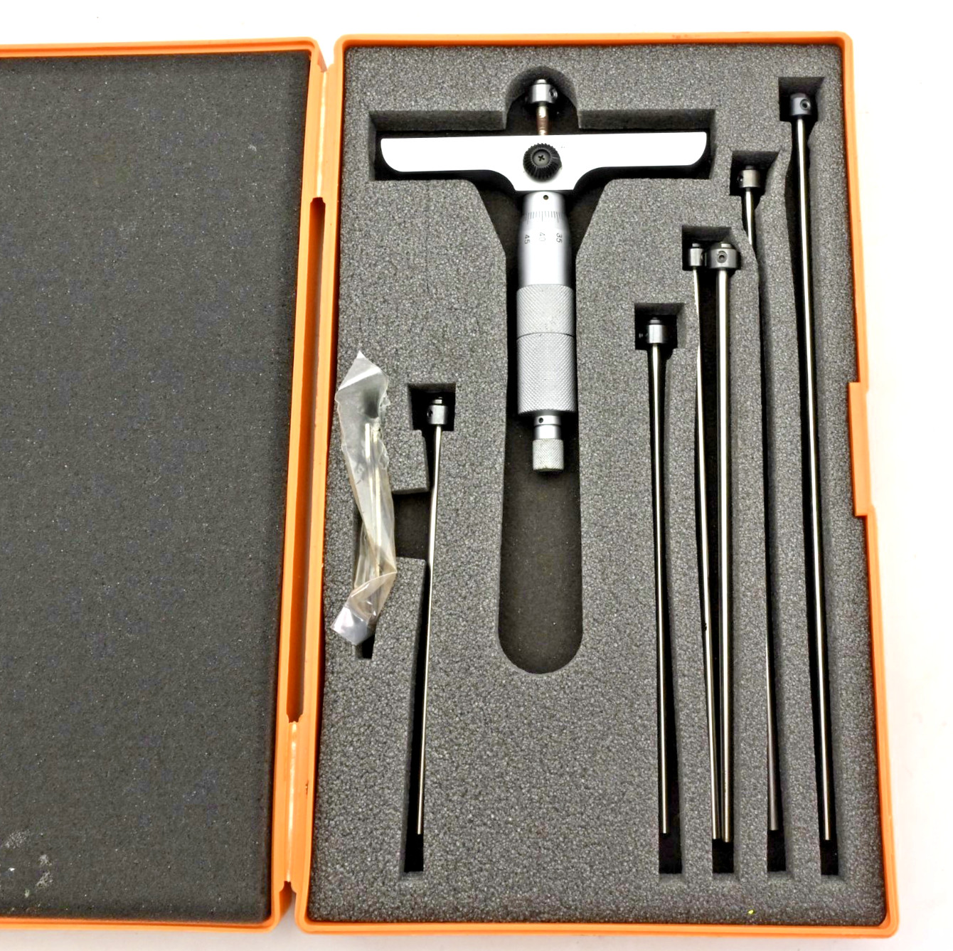 Mitutoyo 129-115 Depth Micrometer Set w/ Interchangeable Rods & Case