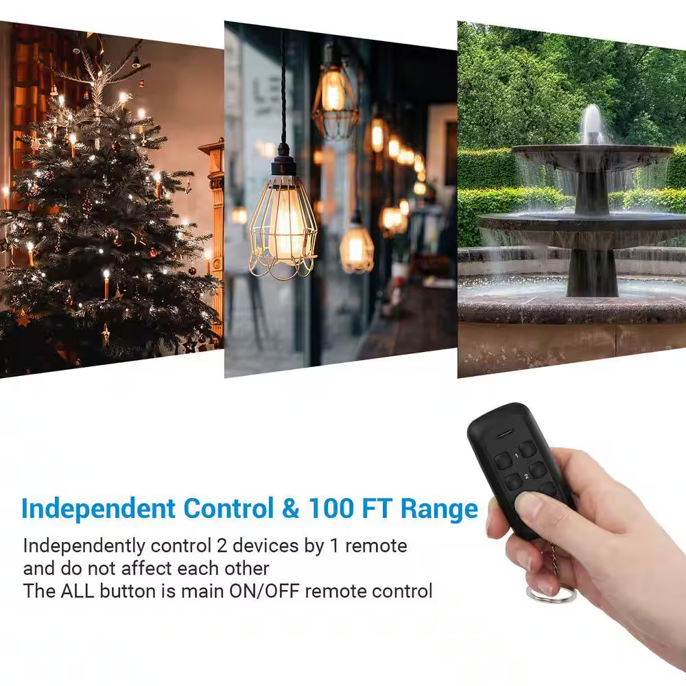 Outdoor Wireless Remote Control Outlet, 2 Independent Control Sockets, Black