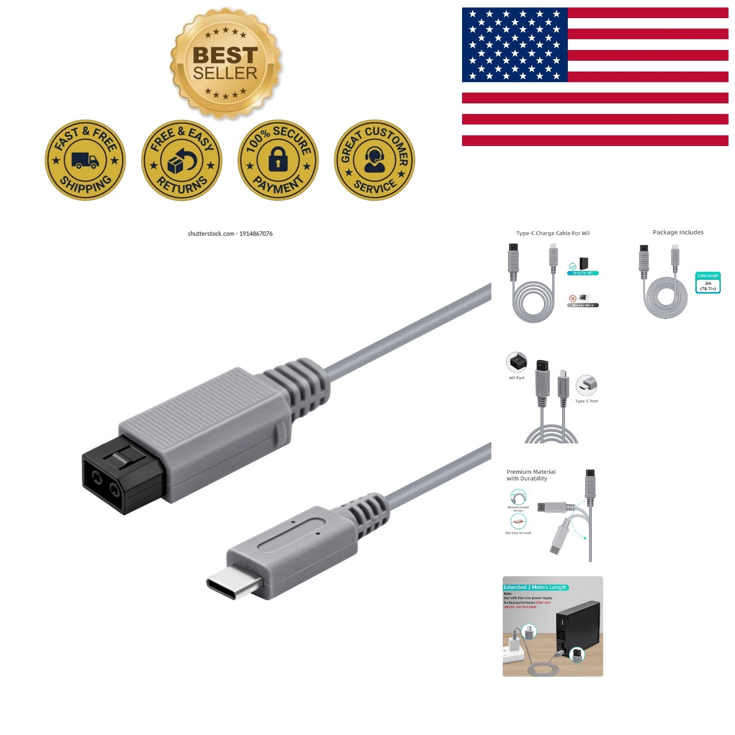 6.5 Ft Type-C Power Charge Cable for Wii - Lightweight & Durable Gaming Solution