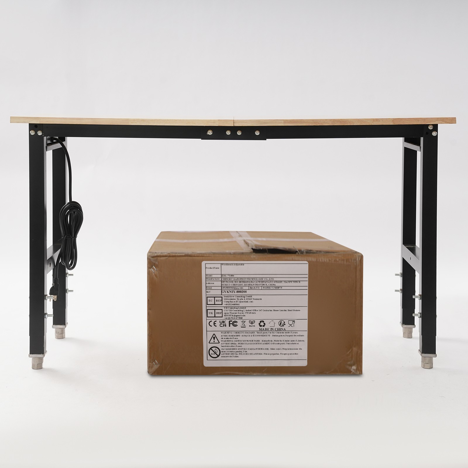 Adjustable Height Workbench w/ Power Strip Working Table Heavy-Duty Work Desk