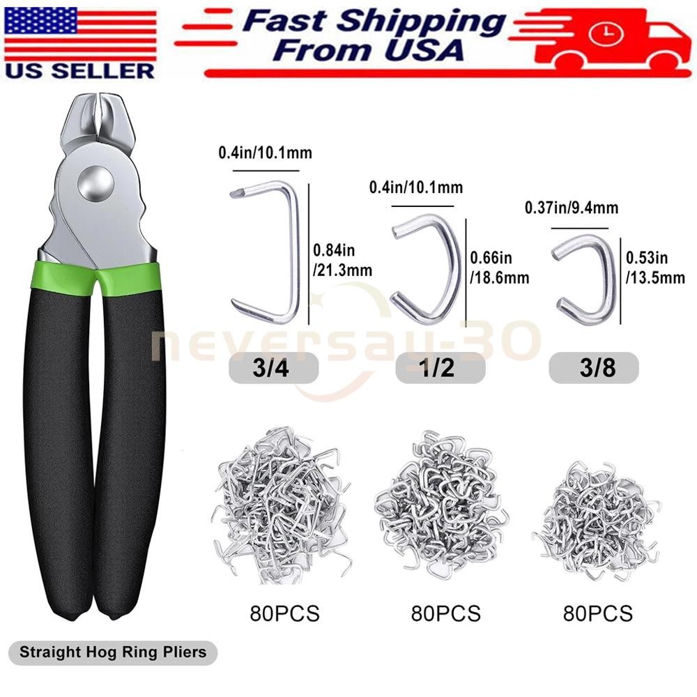 240Pcs Straight Hog Ring Pliers Kit, 3/4" 1/2" 3/8 " Rings, for Auto Upholstery