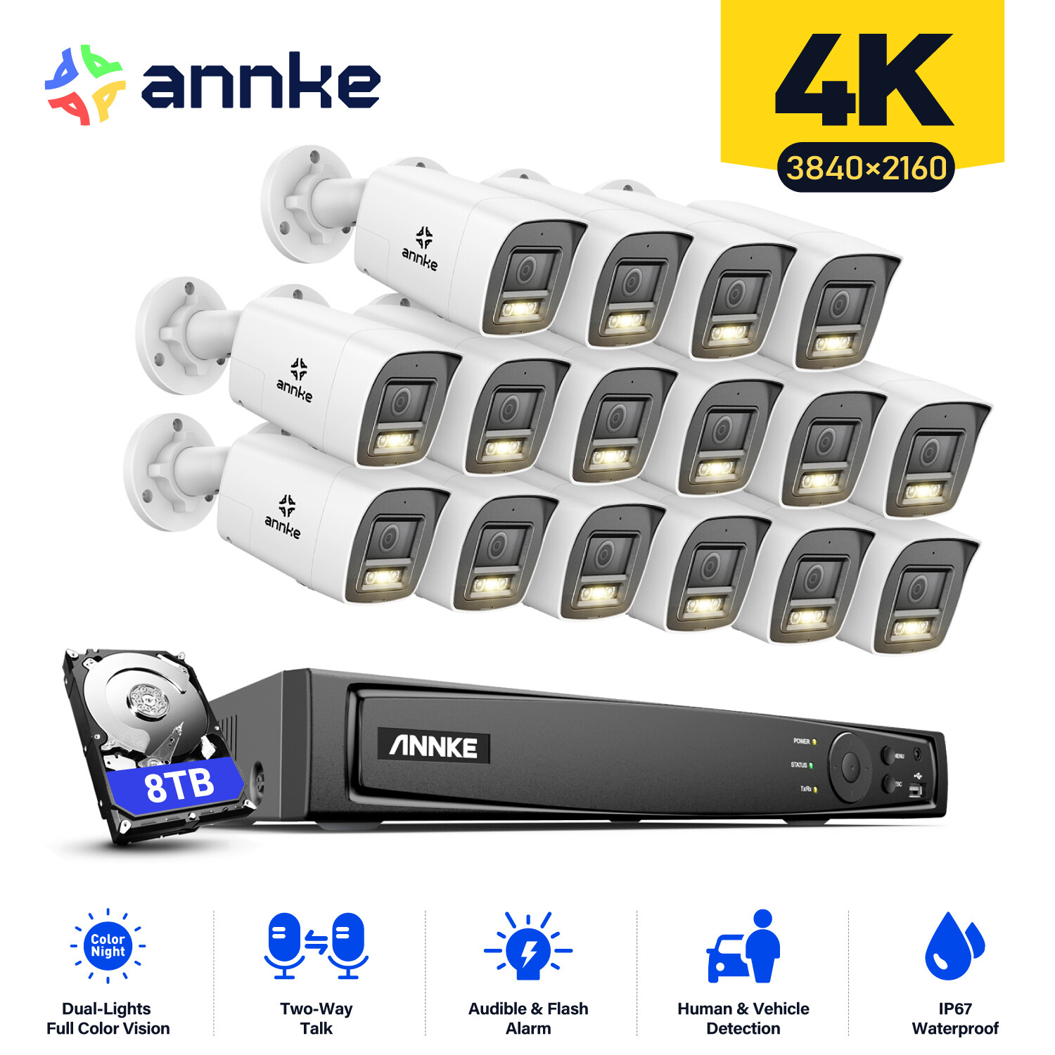 ANNKE 16CH 12MP NVR PoE 4K Two Way Audio AI Color Night Security Camera System