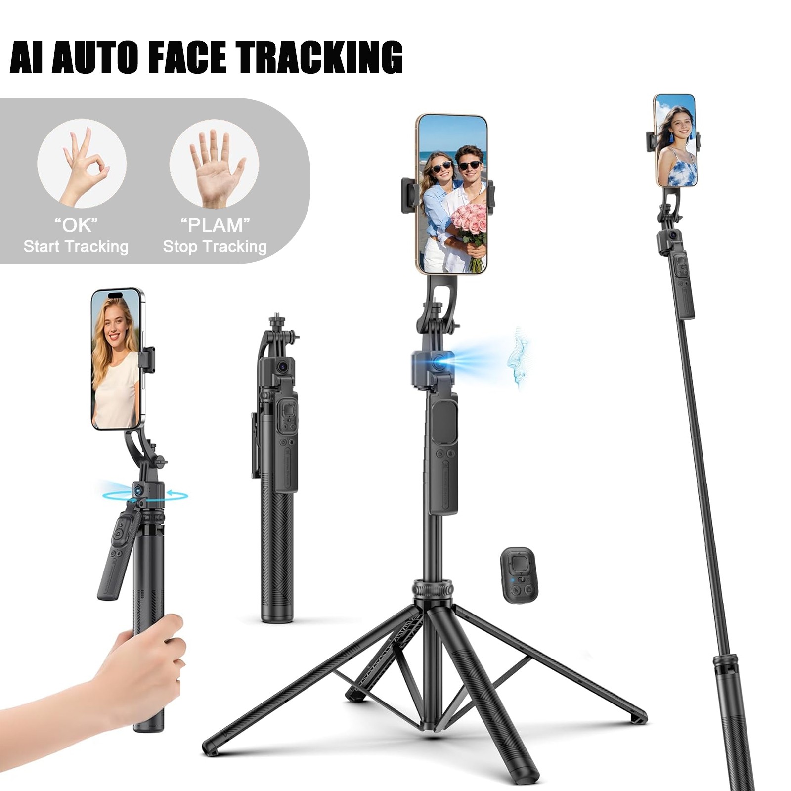 64'' Selfie Stick AI Face Tracking Tripod 360° Rotation Remote & Gesture Control