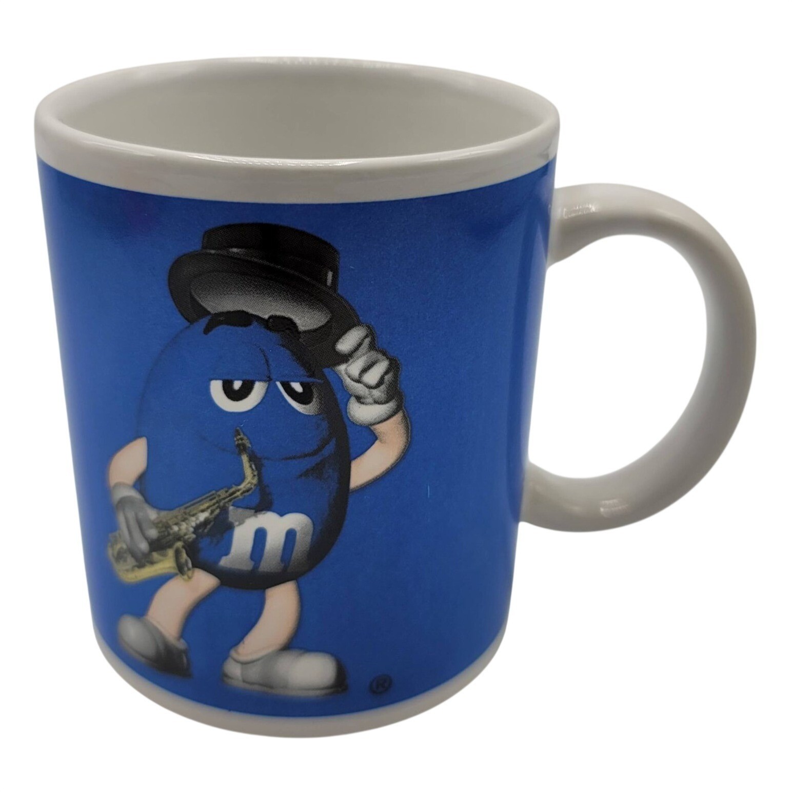 M&M Vintage Mug Saxophone Collectible Blue 10oz Top Hat Relaxing Candy Cyrk