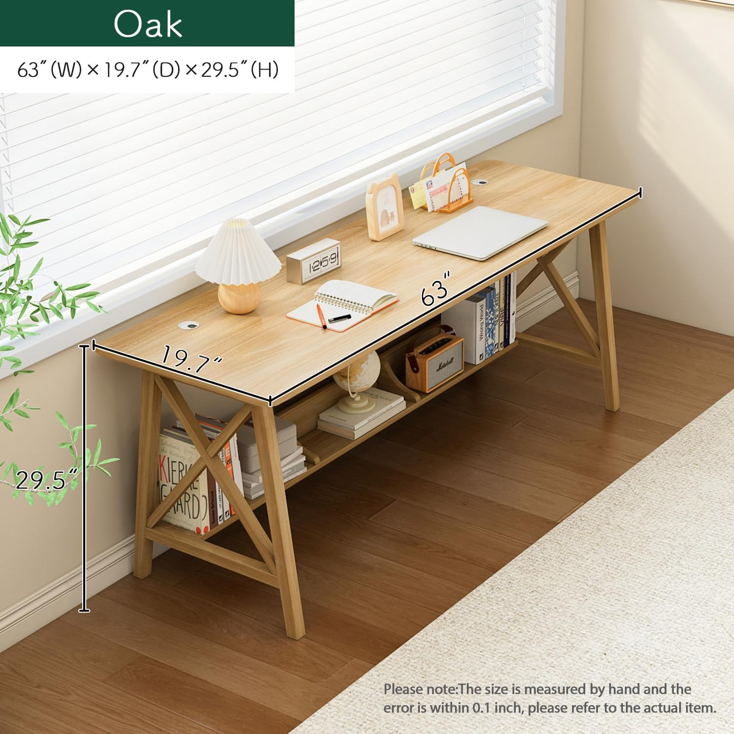 Extra Long Solid Wood Desk with Bookshelf - 63" Home Office Workstation