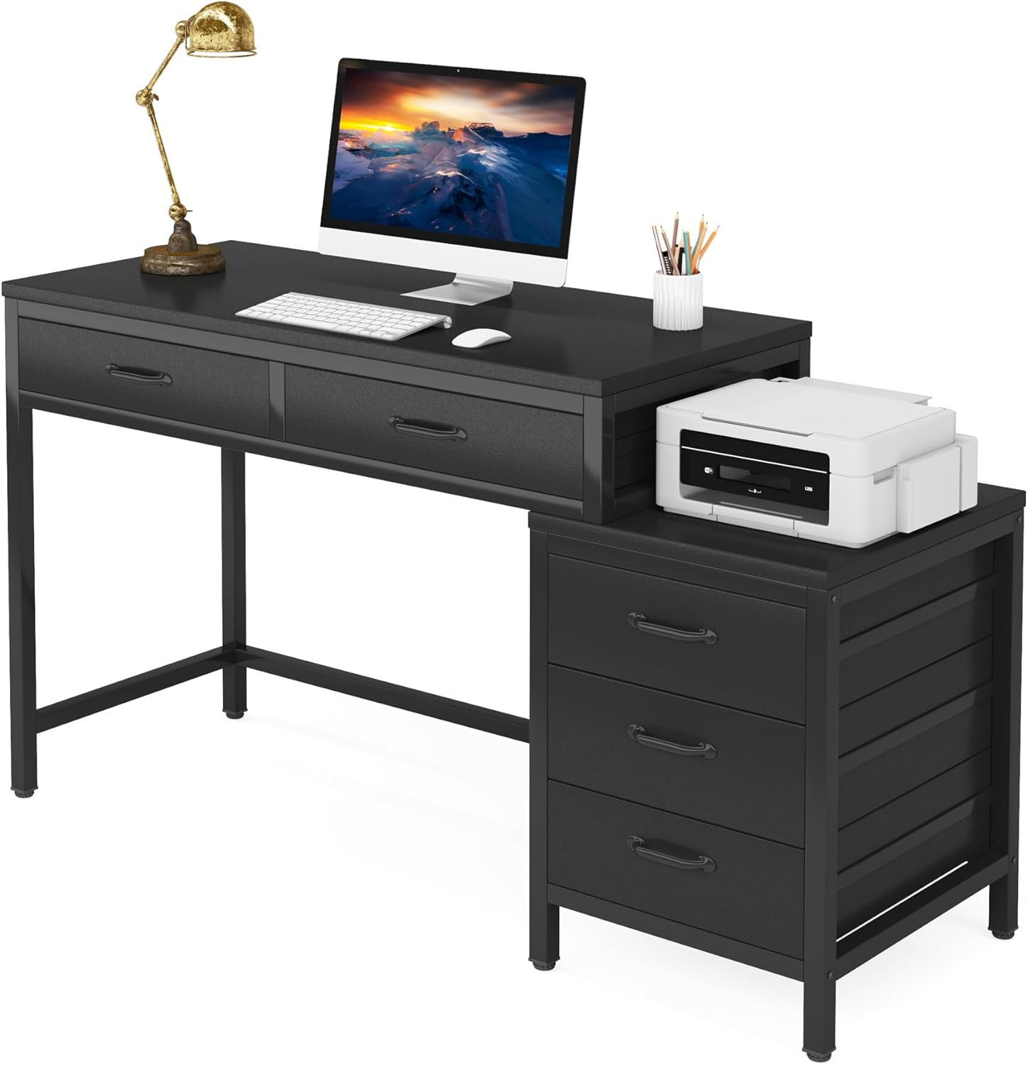 Rustic Computer Desk with 5 Drawers & Printer Stand for Small Spaces