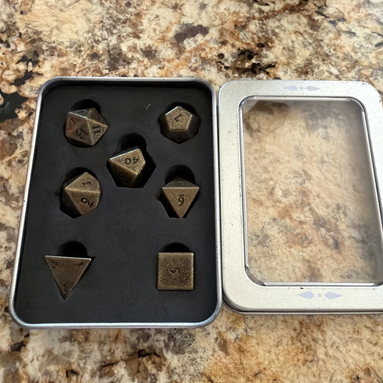 Metal Dice Set (7 pcs) Dark Antiqued Bronze Color Set, DnD RPG Dice in case