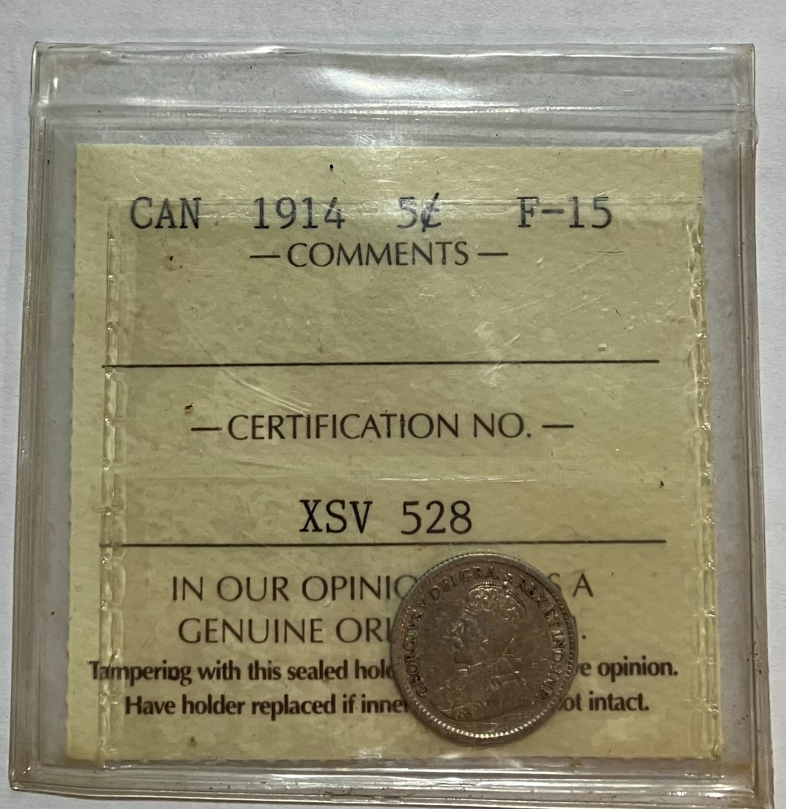 1914 Canada Silver 5 Cents - ICCS F-15