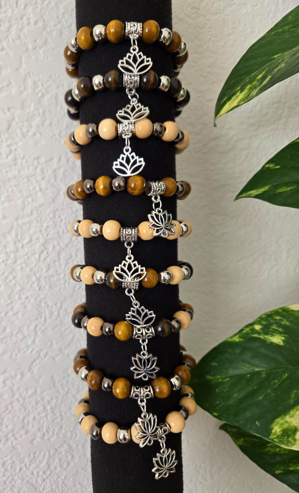 Handcrafted Wood Beaded Charm Stretch Bracelets, Boho Style