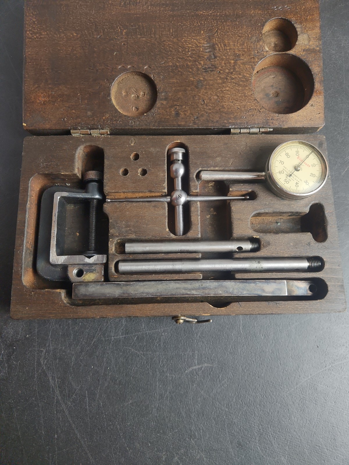 Vintage L. S. Starrett No. 196 Dial Indicator .001 SET IN WOOD Case