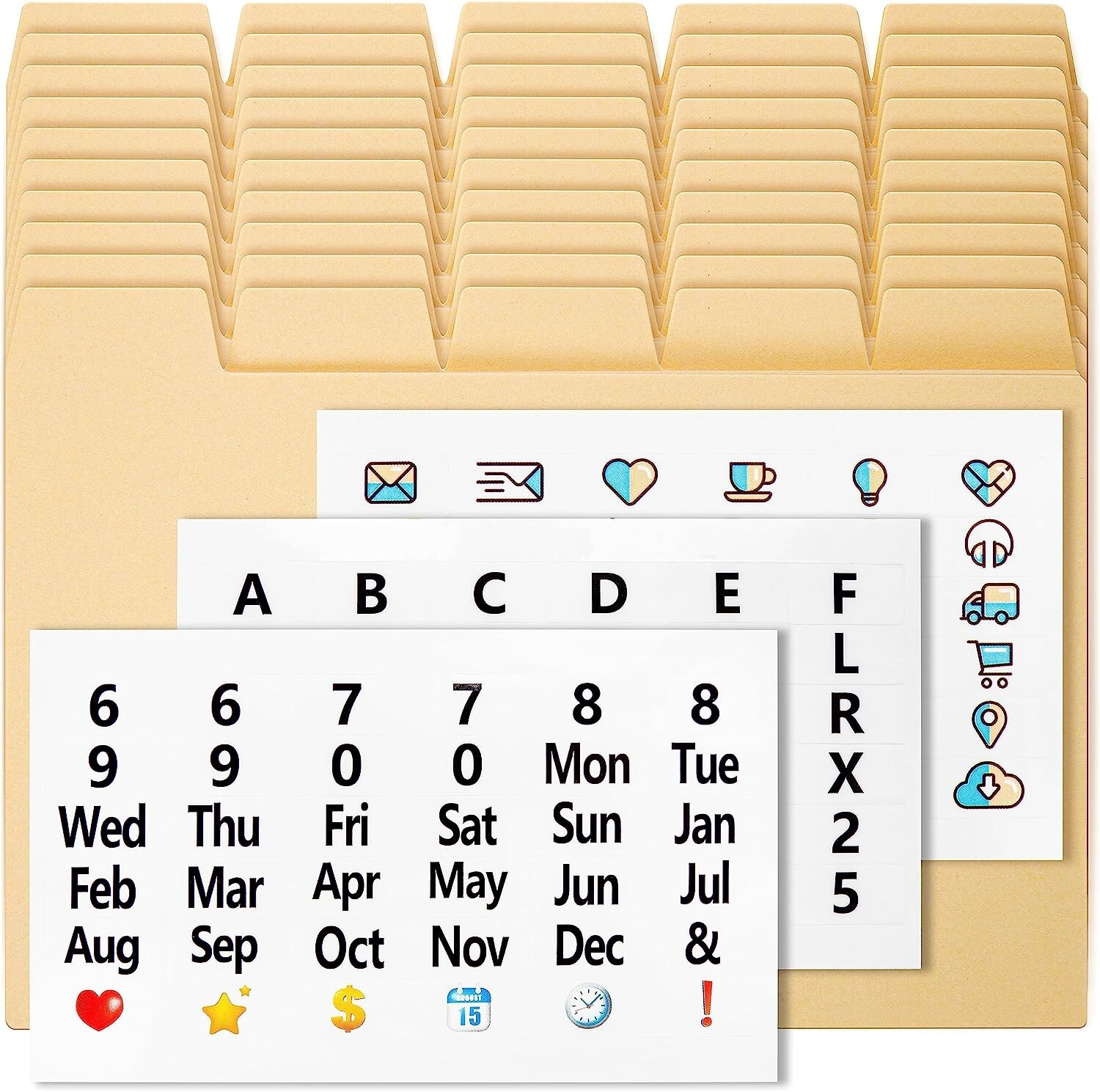 OFFILICIOUS 50 Manila Index Card Dividers 4x6" and 108 Easy-Read Stickers Set