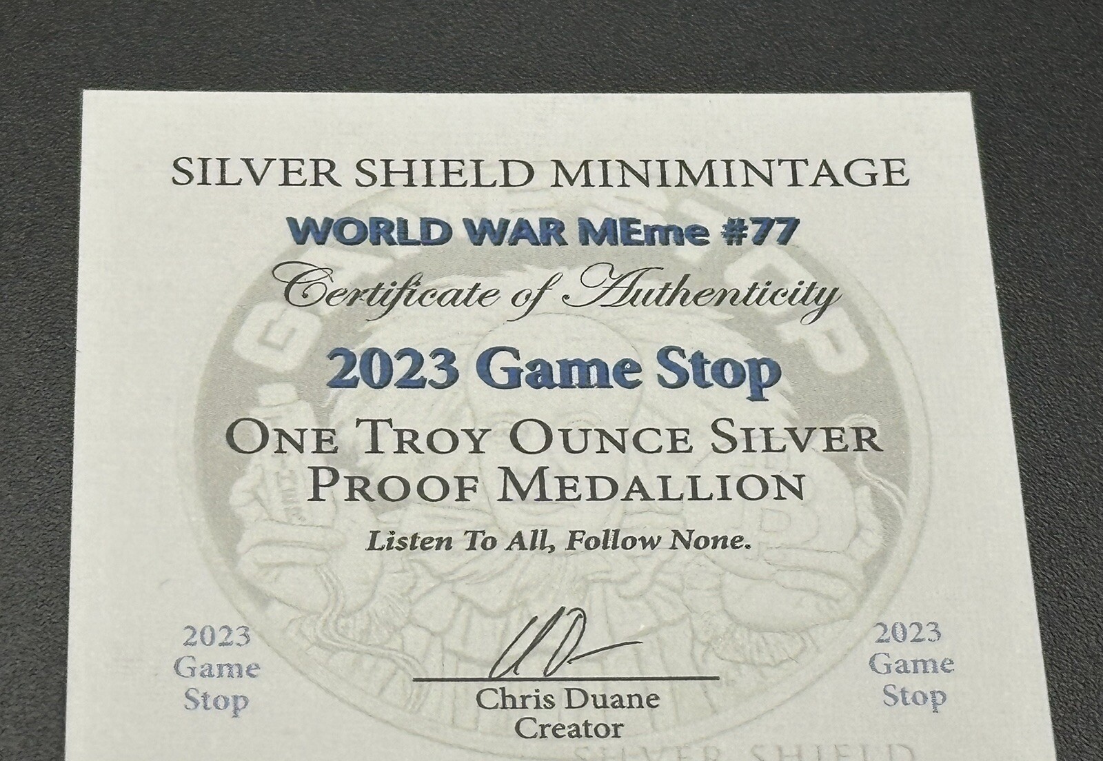 1 oz Silver Proof Game Stop Silver Shield .999 Pure COA BOX 2023 Wall St Bets
