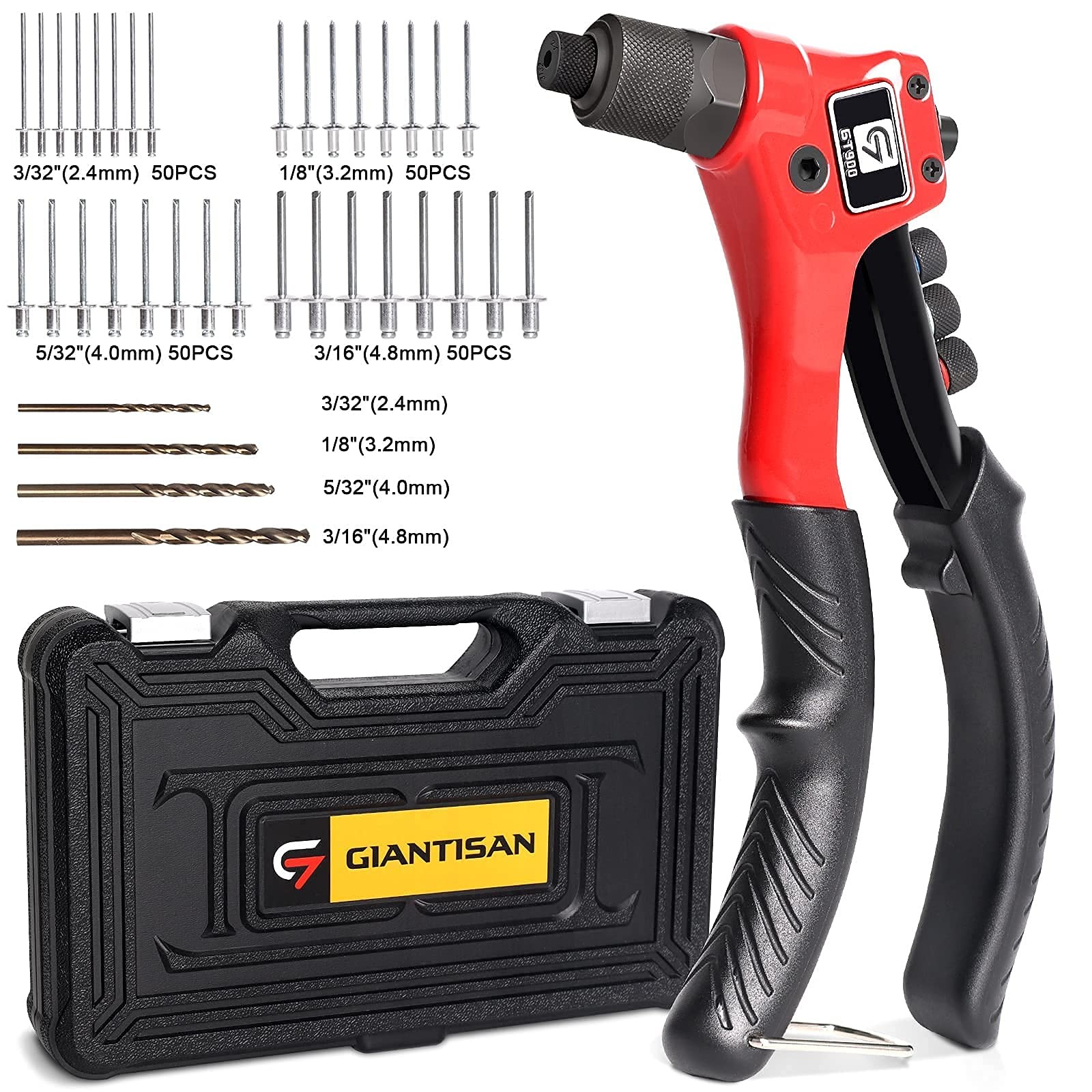 , Rivet Gun, Pop Rivet Tool Set with 200 Rivets and 4 Drills, Manual Han...