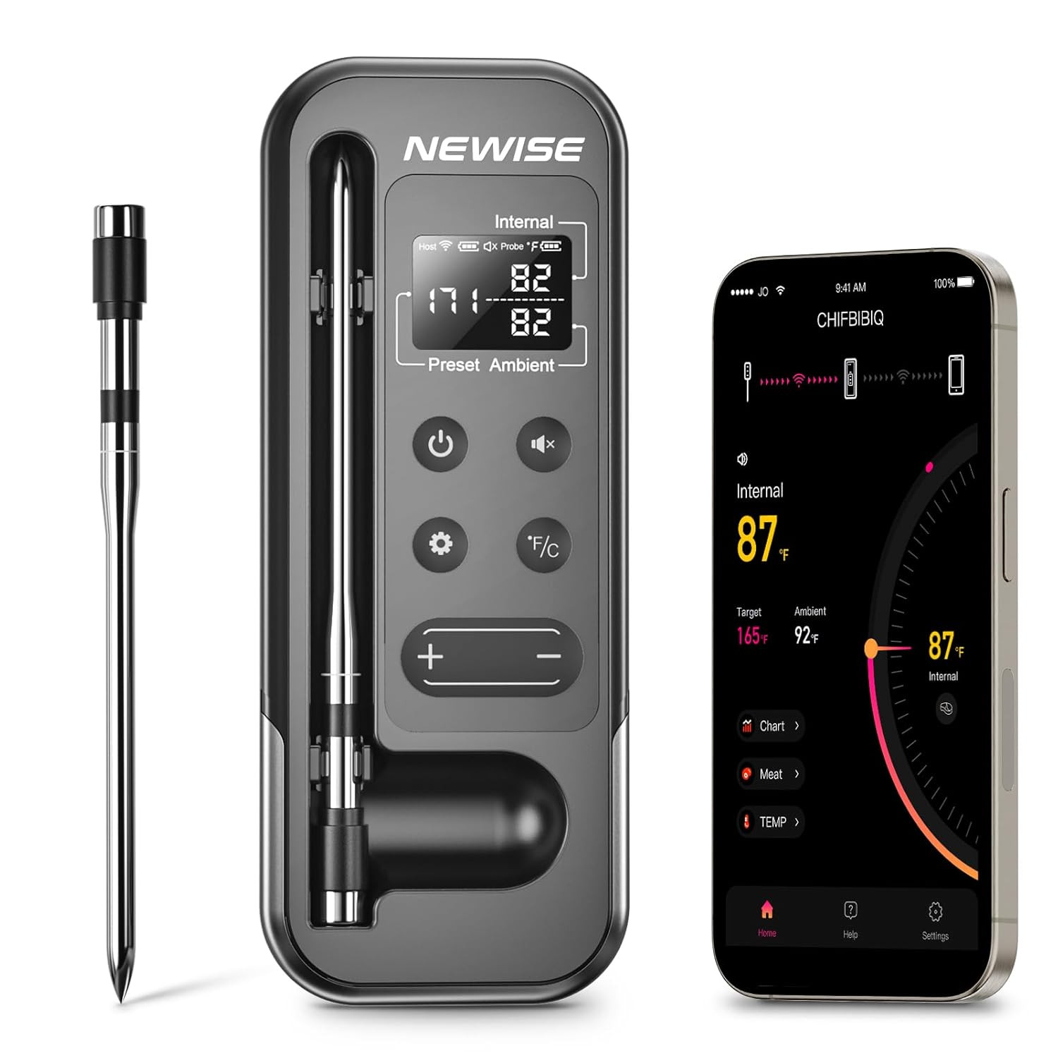 Bluetooth Meat Thermometer with Smart APP, 800FT Wireless Range & LCD Base, Rech