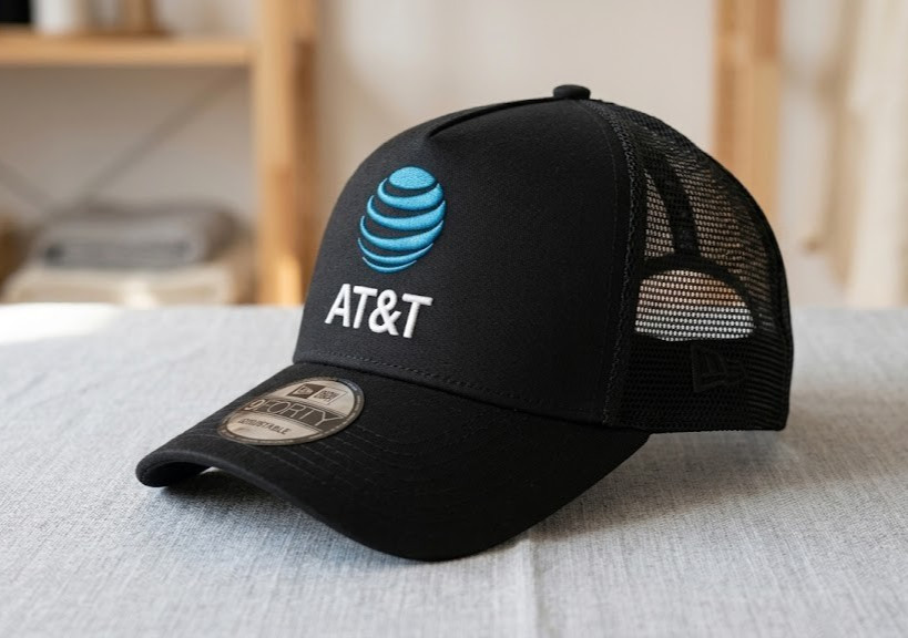 Black Baseball Hat Mesh Trucker Cap AT&T Logo Flat 2D Embroidered Adjustable