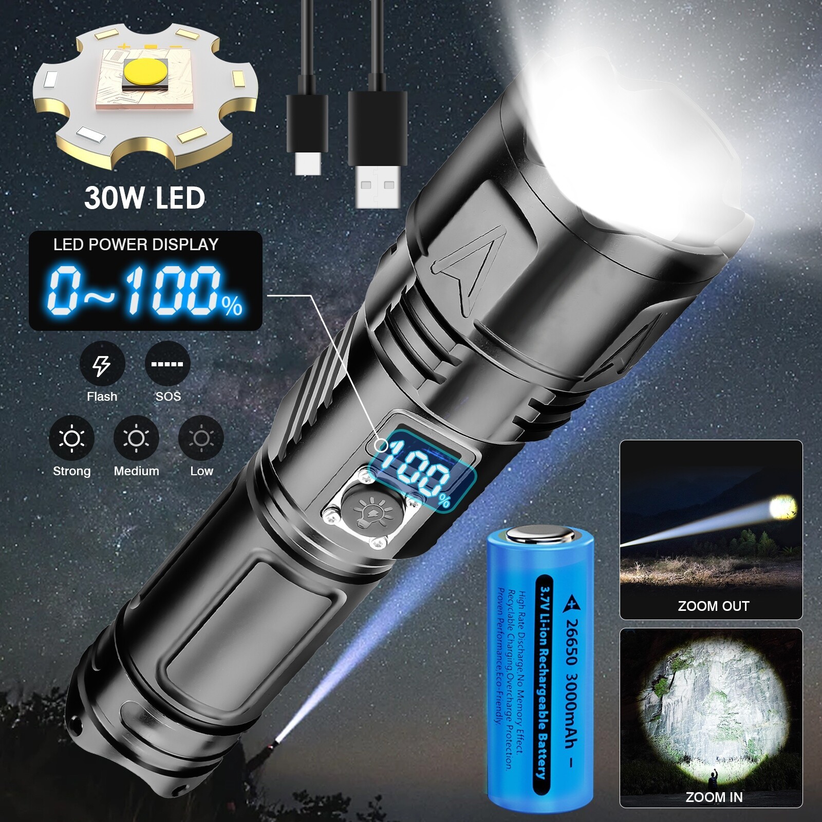 Super Bright 9000000 Lm LED Tactical Flashlight Rechargeable Powerful Work Light