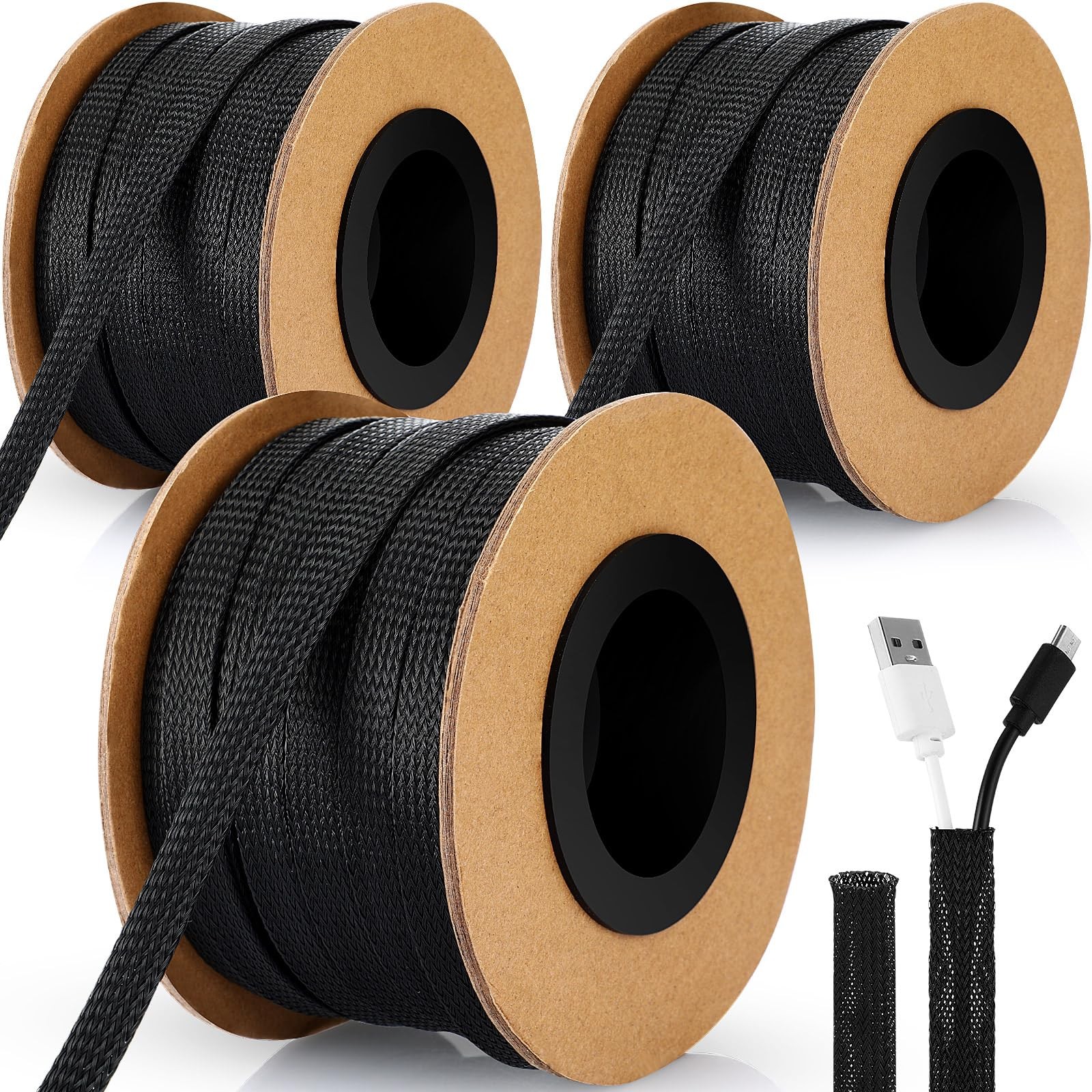 300ft PET Expandable Braided Sleeving 1/4,1/2,3/8in Wire Loom Cable Sleeve Black