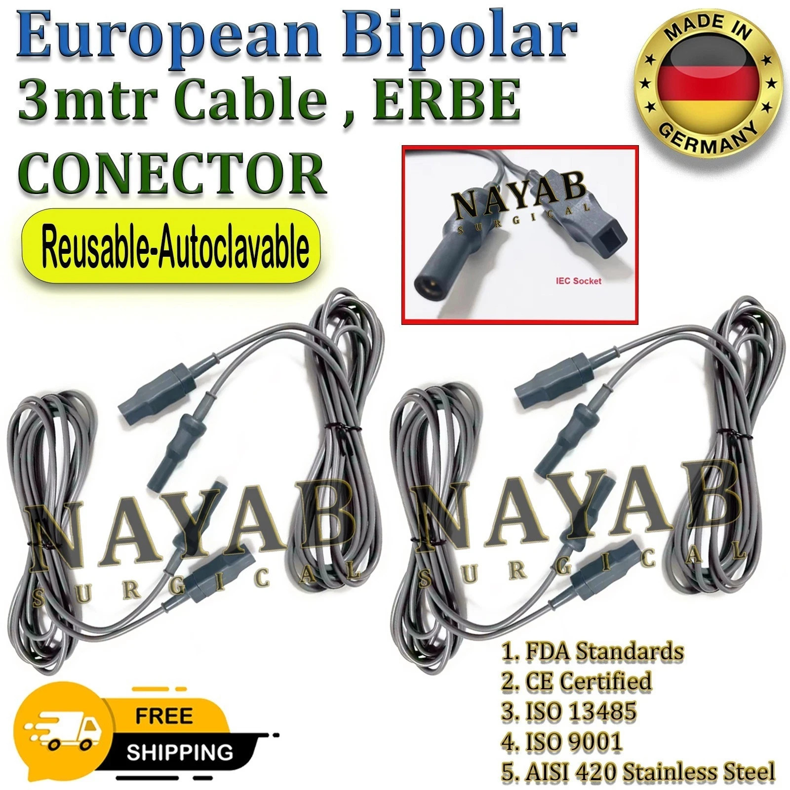 4x European EU Bipolar Cable Reusable, 3M Length Reusable Autoclavable CE