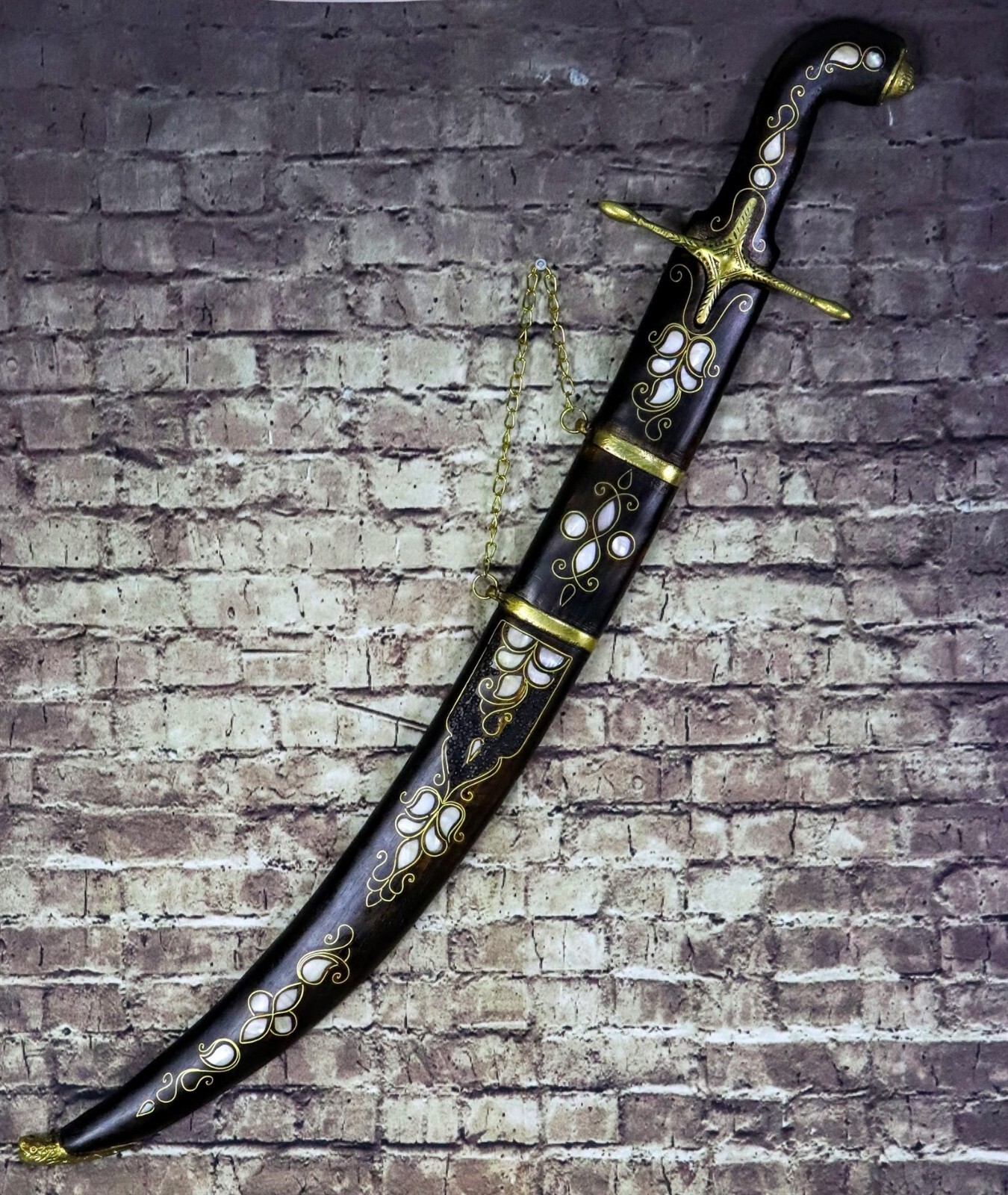 Real Natural Mother-of-Pearl Inlaid Wooden Dagger and Sword, Decorative Ornament