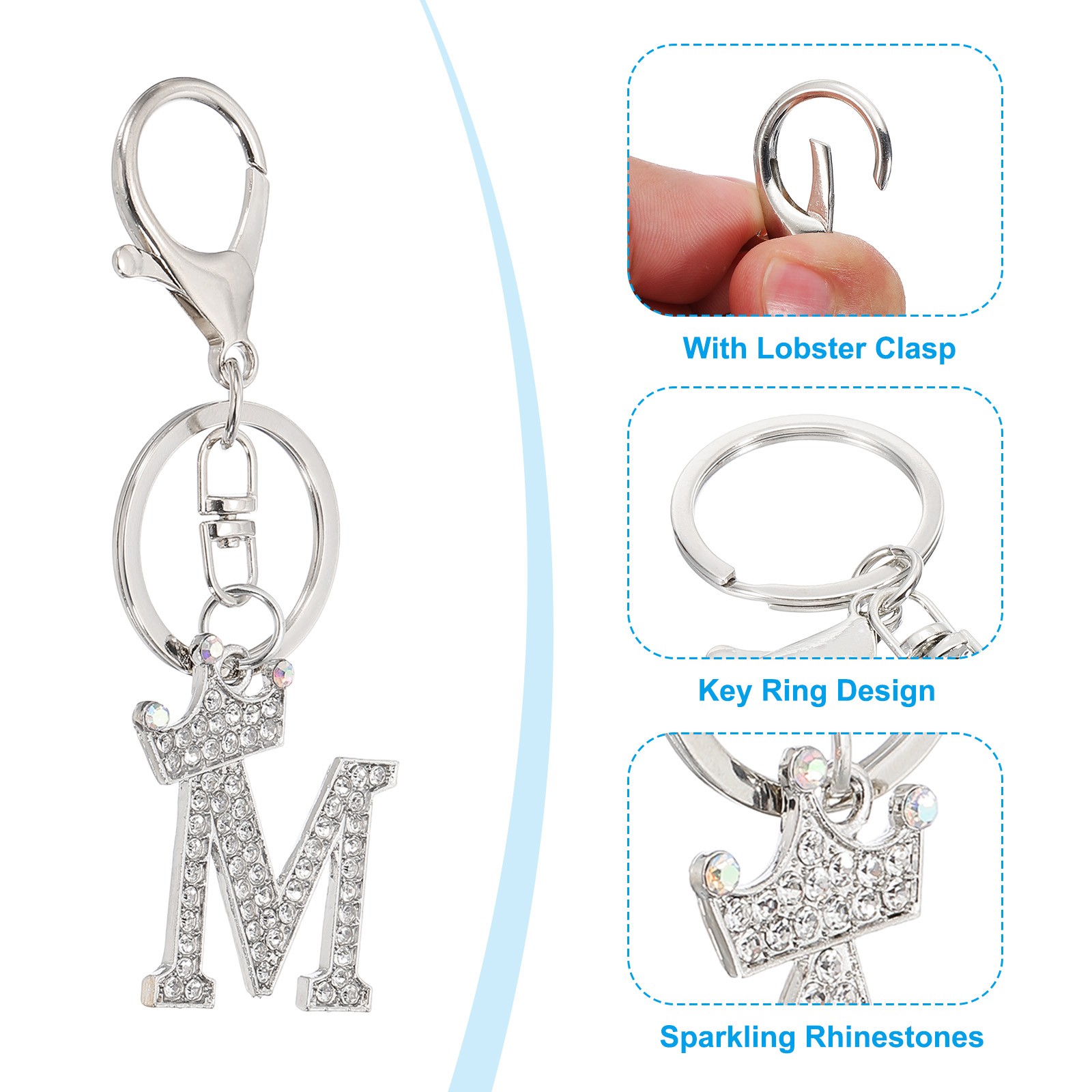 Initial Letter Keychain, Letter m Crown Design Charm, Silver Tone