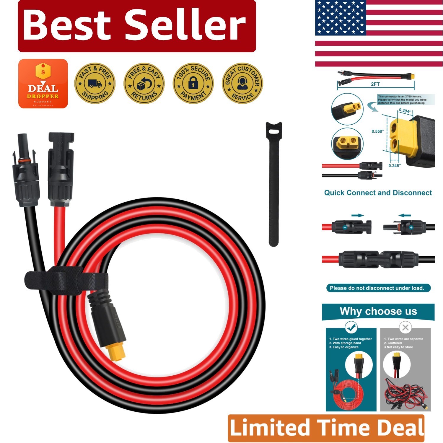 2FT XT60 Connector Cable - MC4 to XT60, 12AWG, Perfect for Solar Systems