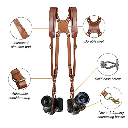 Double Camera Harness, Adjustable Camera Straps for Brown(dual Camera Strap）