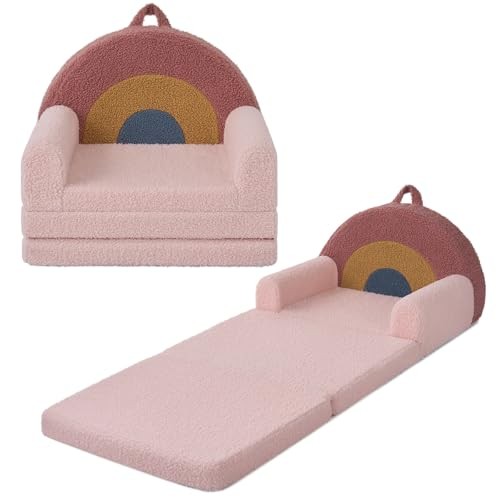 Foldable Toddler Couch, 2-in-1 Comfy Toddler Chair & Lounger for Blush Rainbow