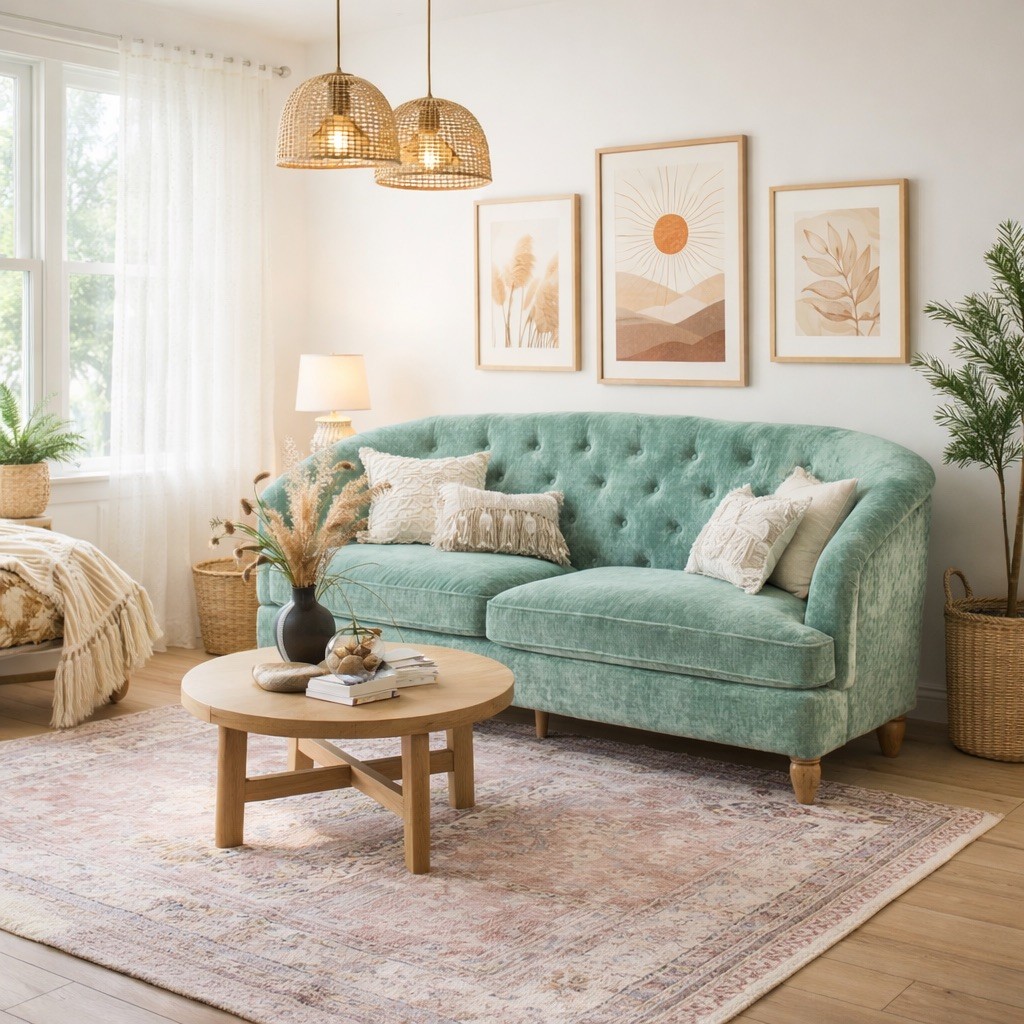 The Pioneer Woman Laurel Tufted Sofa, Teal Velvet, 79.53 in