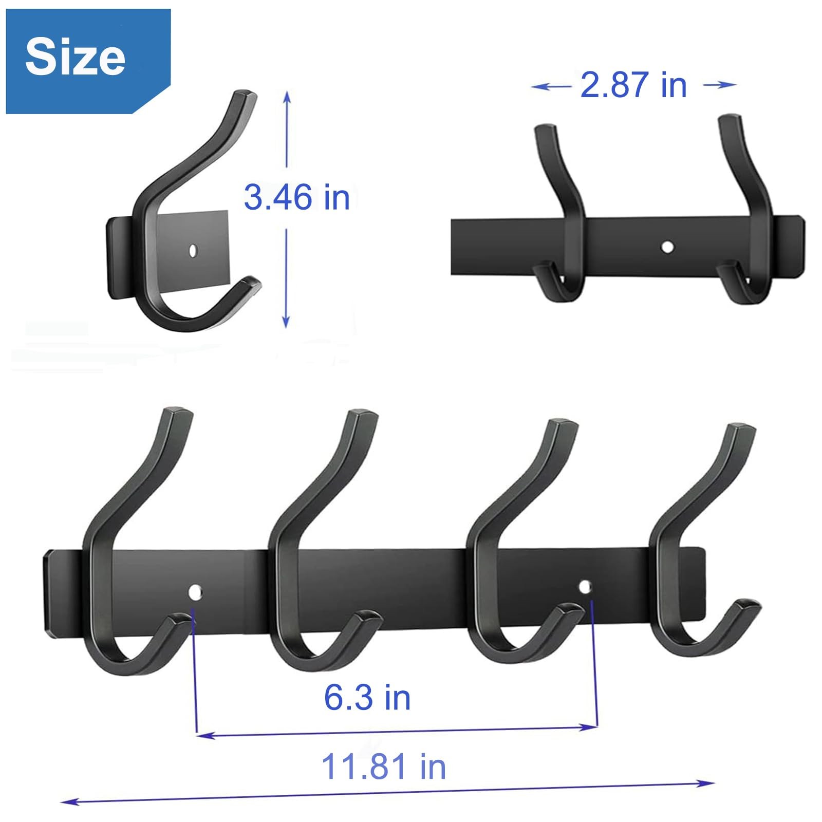 12 Inch Coat Rack Wall Mount with 4 Hooks, Black Wall Hook Rack