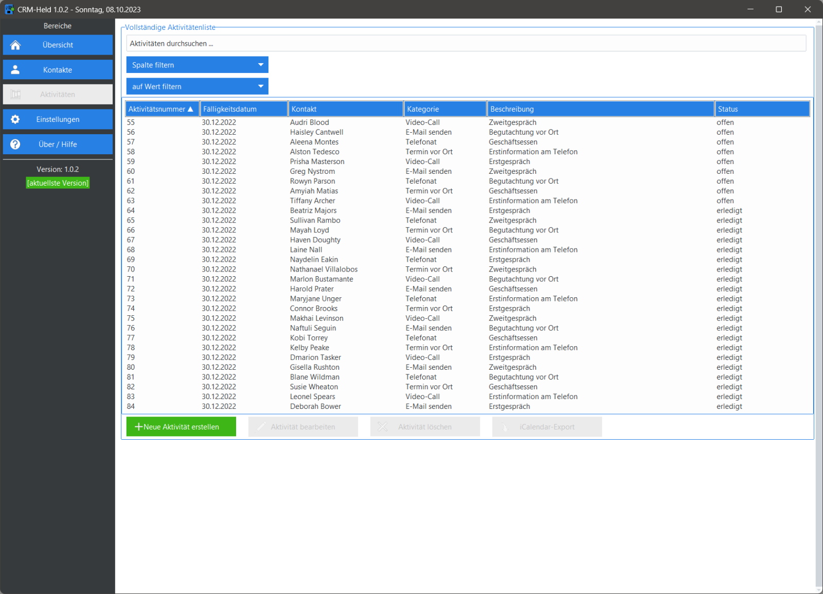 Programm zur Kontaktverwaltung und Aktivitätenplanung CRM Software - kein Excel