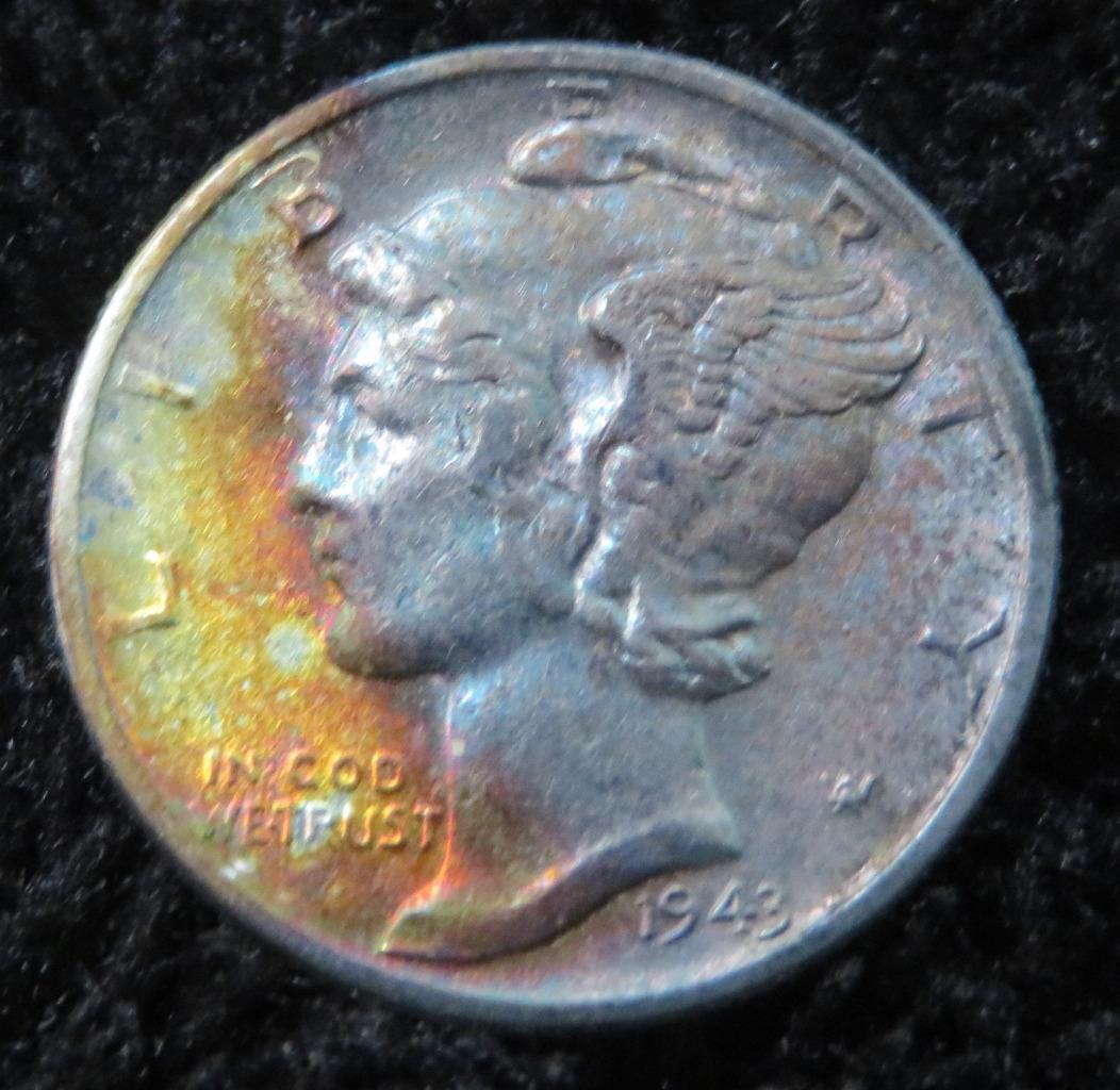 1943 Mercury Dime * Rainbow Toned * Better Grade * Nice Columns * 4090