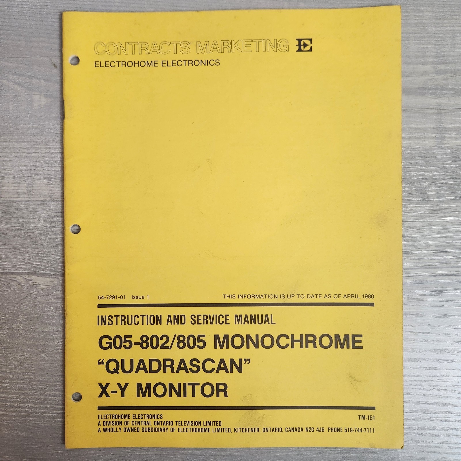 Electrohome G05 802 805 Monochrome Quadrascan X-Y Monitor Service Manual Arcade