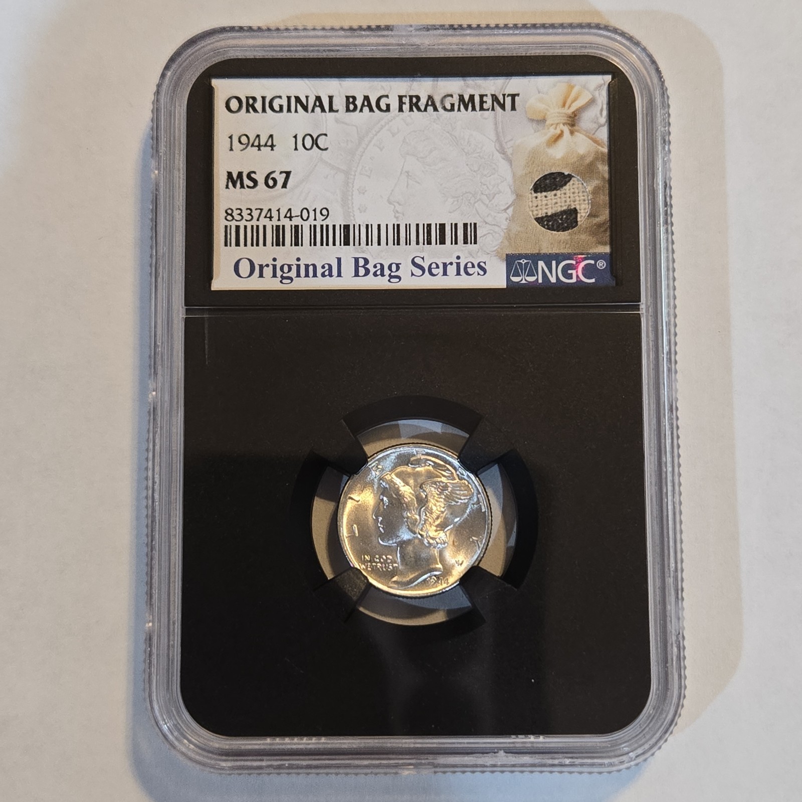1944 Mercury Dime 10c MS67 Original Bag Fragment With Ink On Fragment NGC Cert.