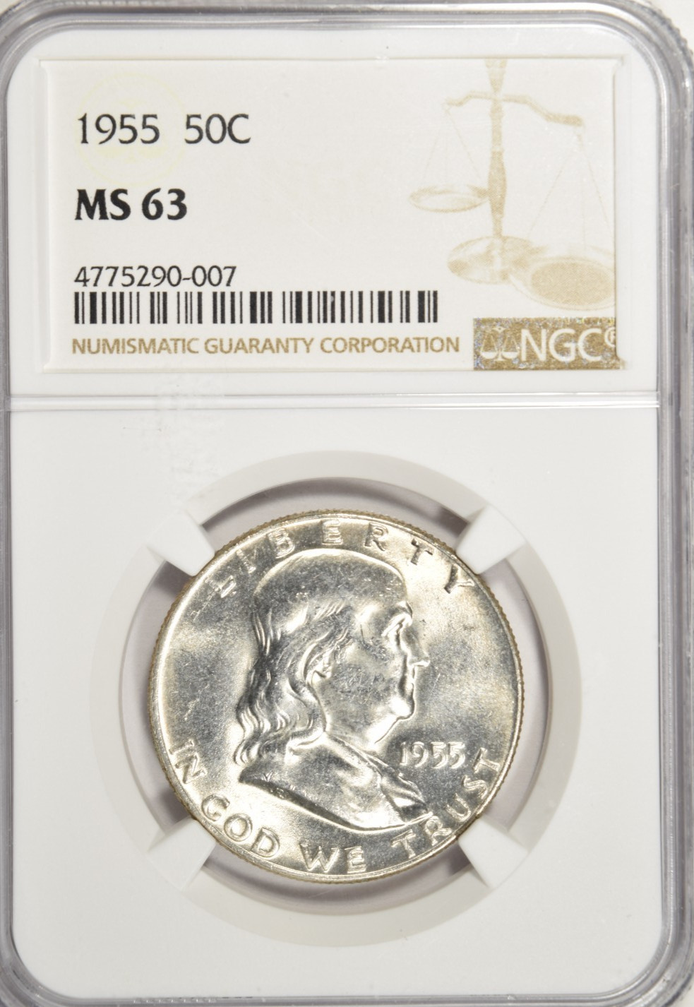1955 FRANKLIN HALF DOLLAR ~ NGC MS63 ~ BRIGHT WHITE!