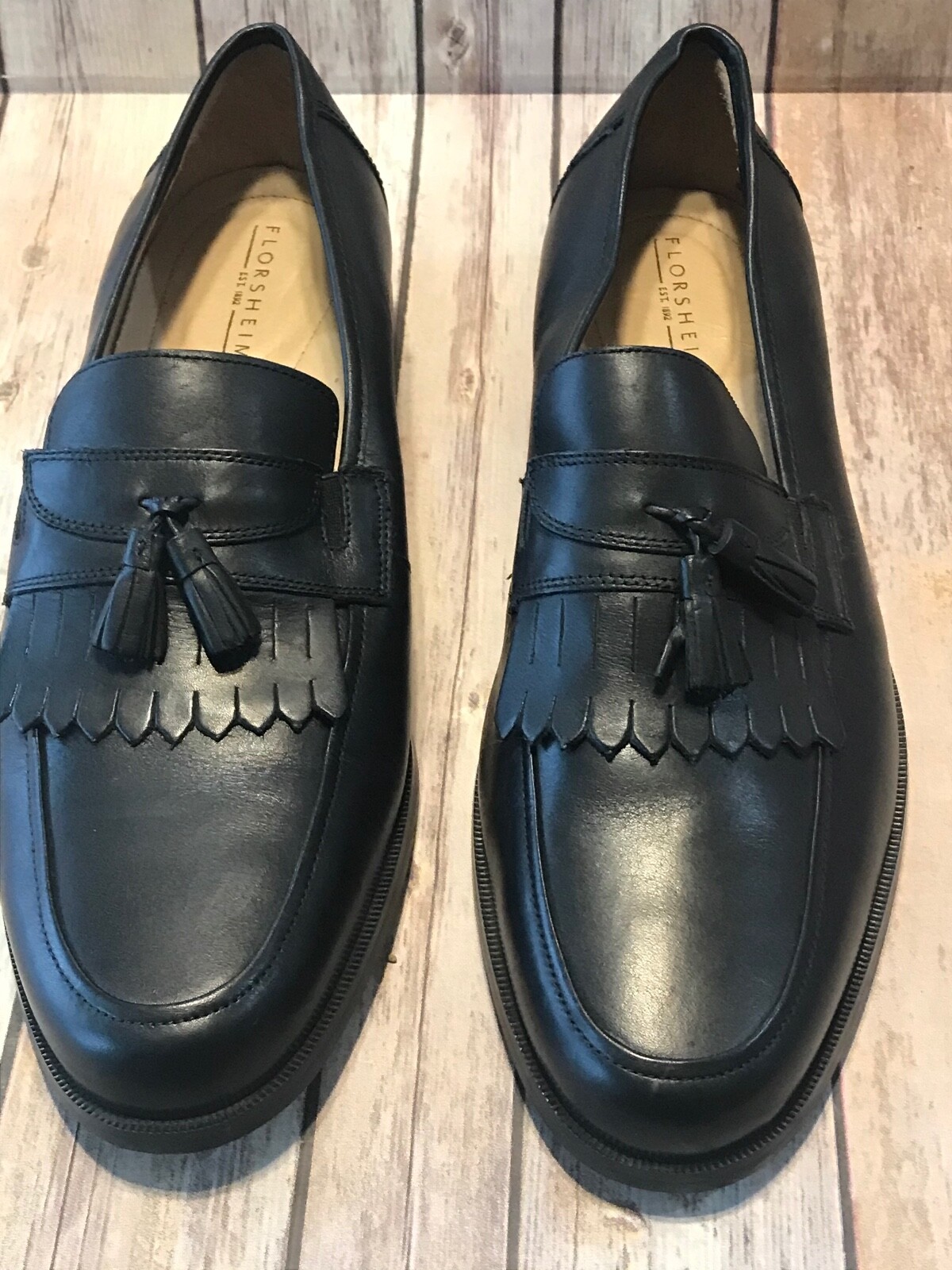 Mens Florsheim Black Tassle Slip On Dress Shoes Loafers Soft Leather 14 D 14D